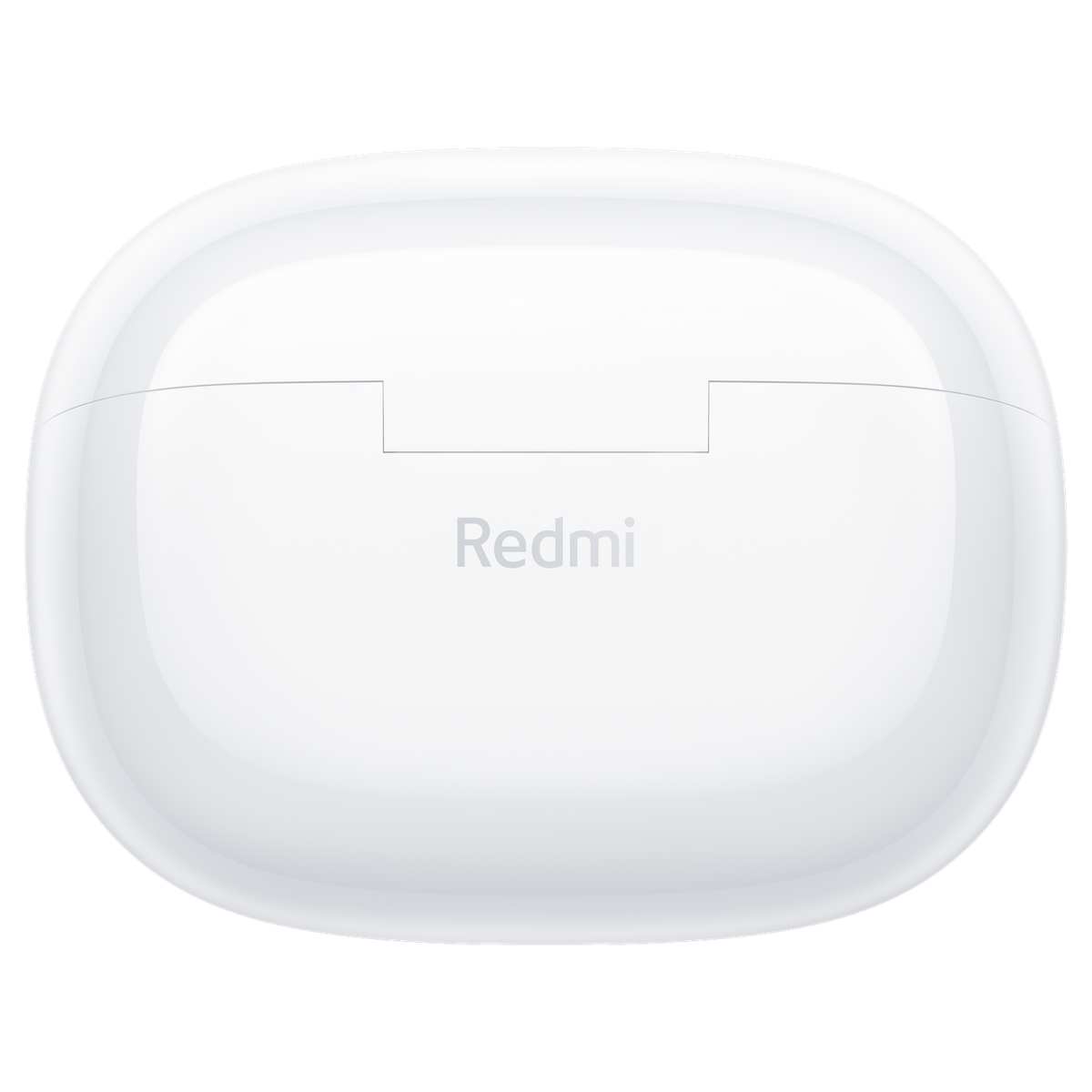 Białe etui ładujące słuchawek Redmi z nazwą marki pośrodku na czarnym tle.