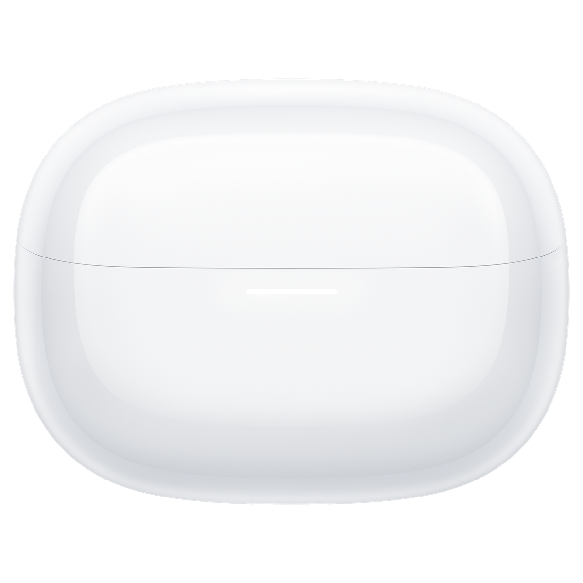 Białe, owalne etui ładujące słuchawki. Gładka, błyszcząca powierzchnia. Minimalistyczny design, czarne tło.