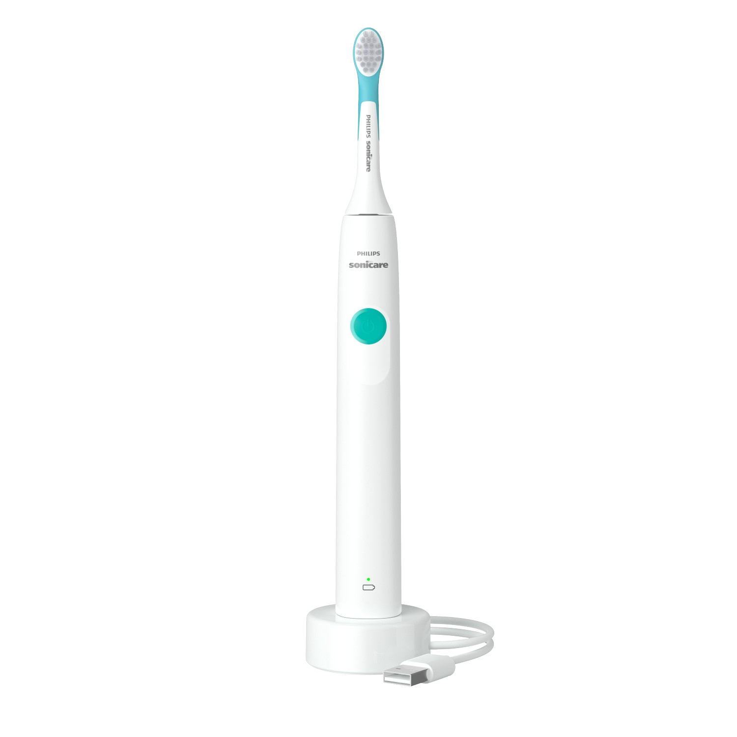 Biało-niebieska elektryczna szczoteczka do zębów Philips Sonicare z podstawką ładującą i kablem USB.