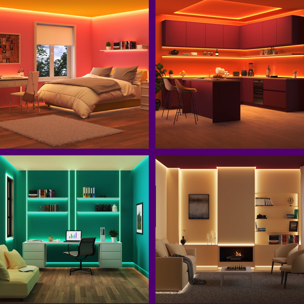 Four images showcasing ambient lighting designs in different rooms, using LED strips.