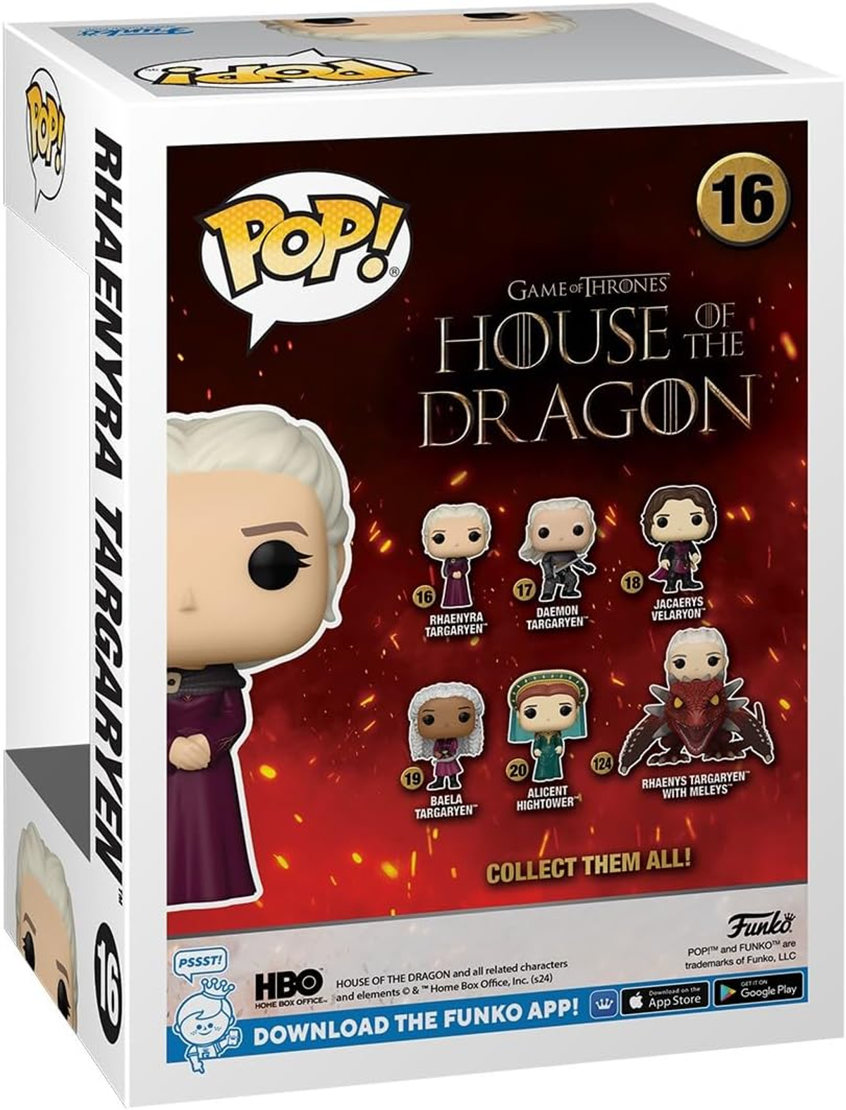 Una caja Funko Pop con Rhaenyra Targaryen y otras imágenes de personajes.