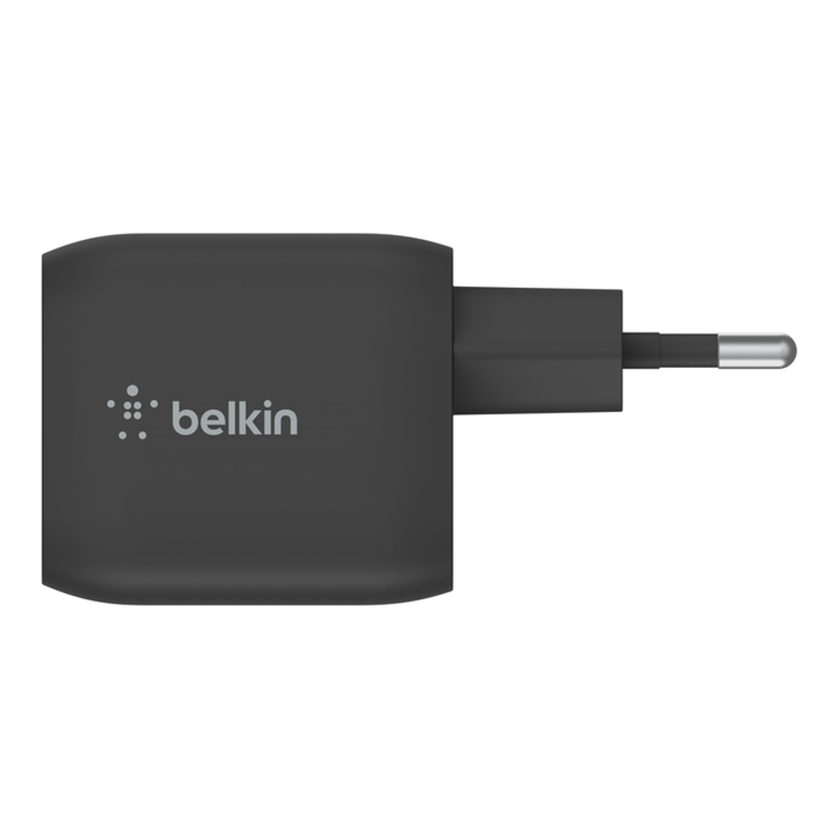 A black Belkin wall charger with a plug, viewed from the side on a white background.