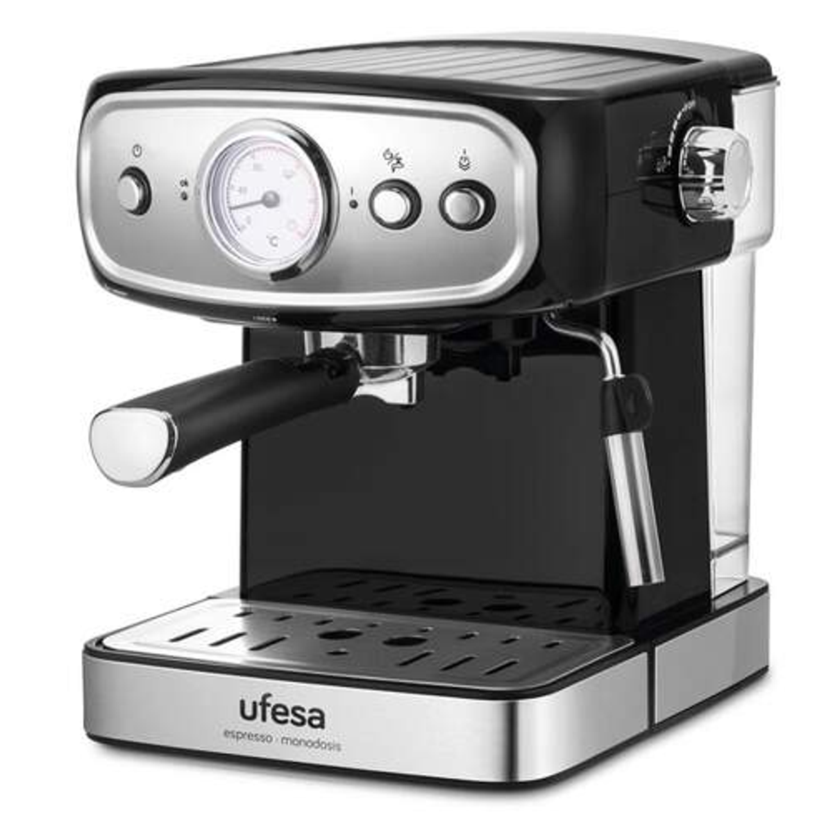 Máquina de espresso Ufesa negra y plateada. Tiene un dial, botones y un mango.