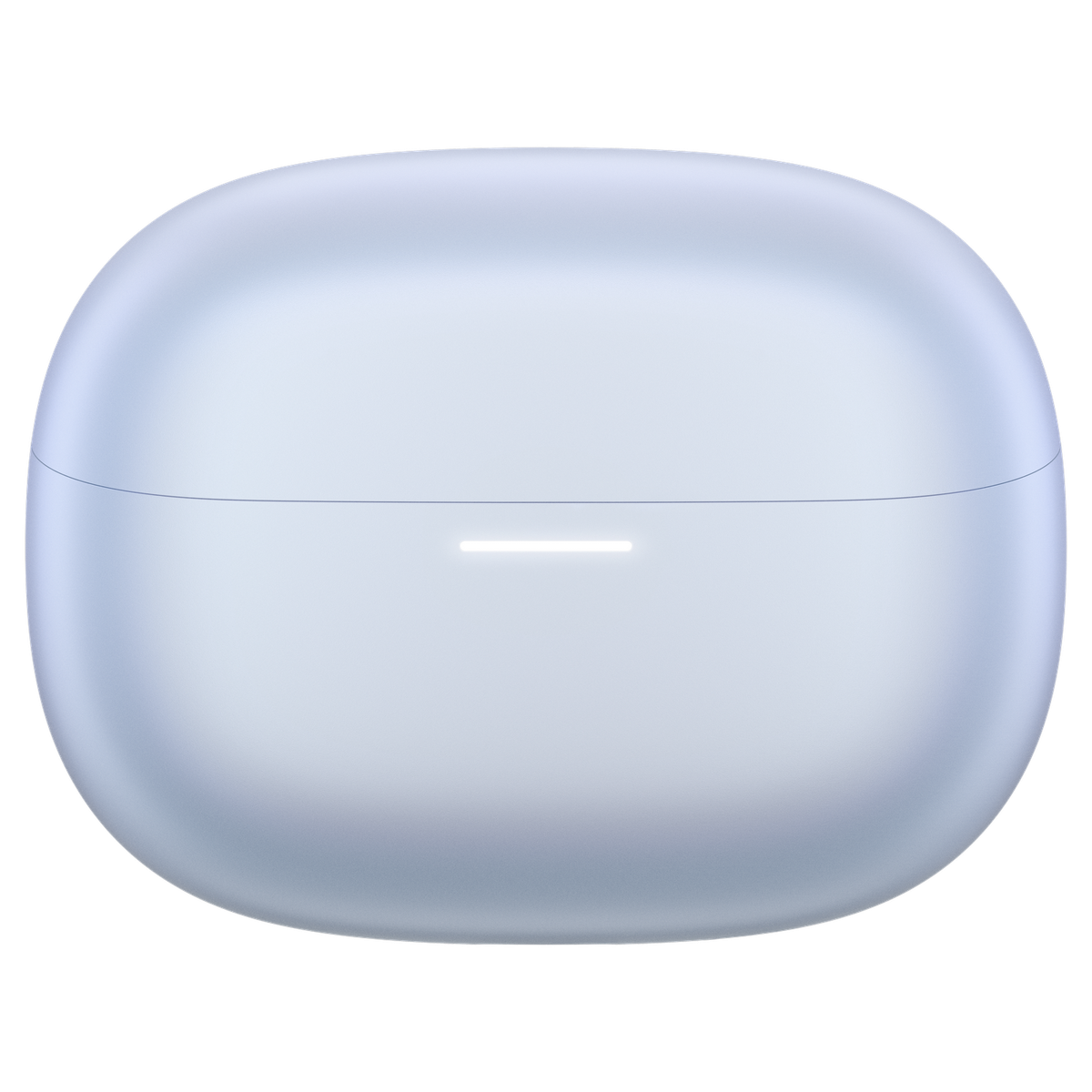 Owalne, jasnoniebieskie etui na słuchawki. Biała linia z przodu, czarne tło.