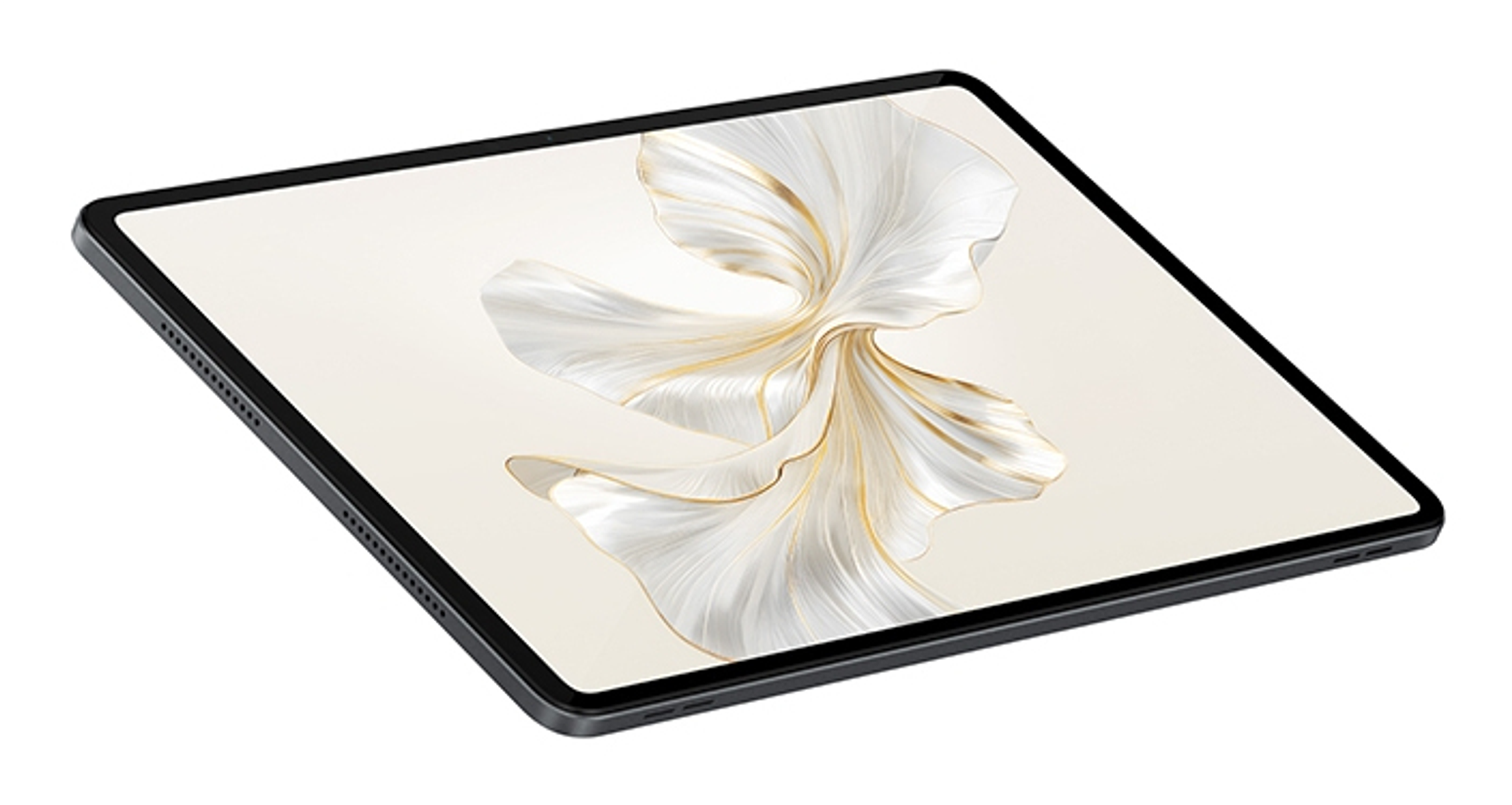 Tablet con una sottile cornice nera. Il display mostra un design astratto bianco e oro.