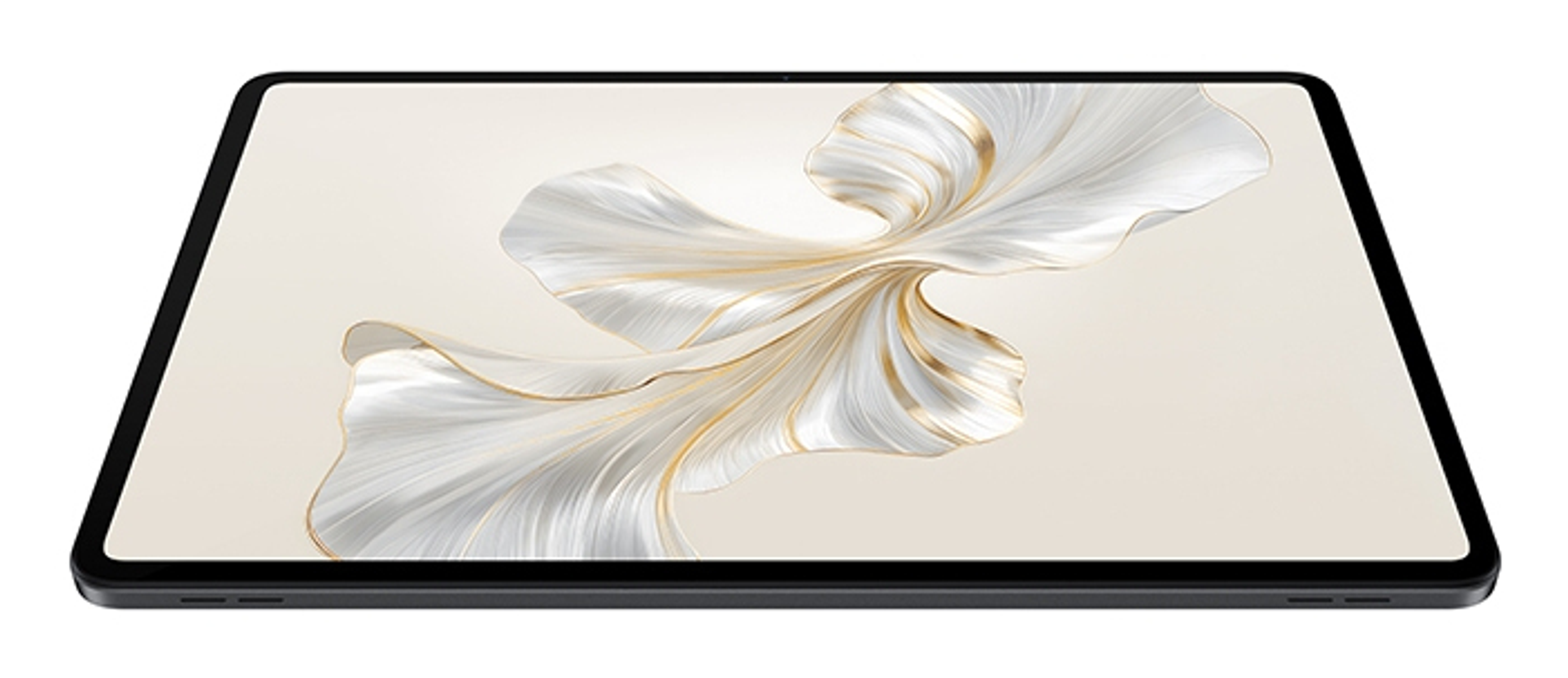 Tablet, schermo bianco sporco, che mostra arte astratta bianca e oro. Cornice nera, su sfondo bianco.