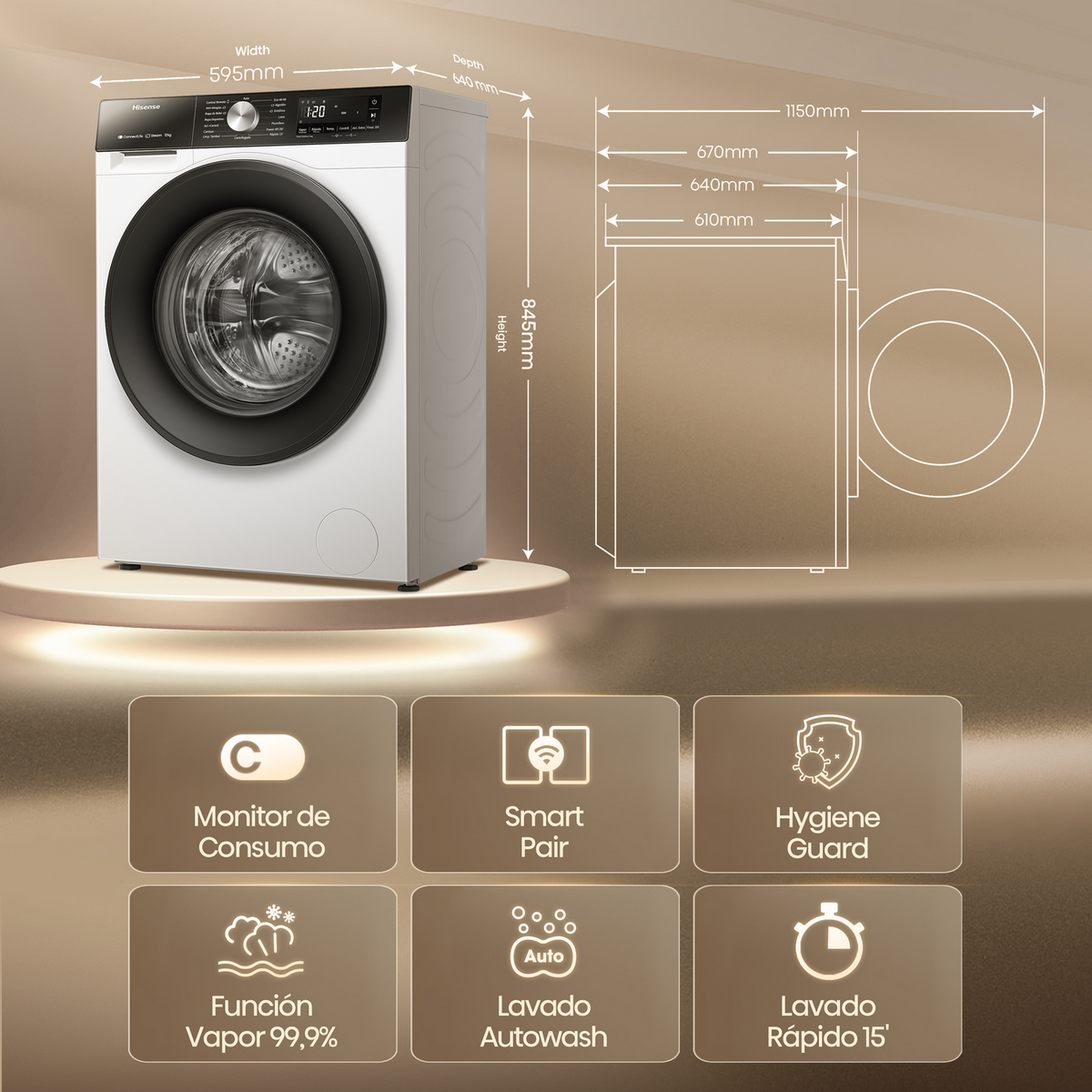 Wasmachine in wit en zwart met afmetingen. Heeft een bedieningspaneel en pictogrammen.