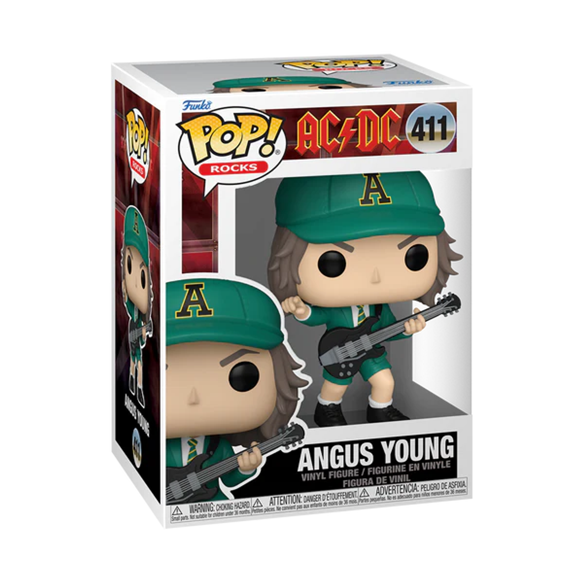 Una figura de vinilo Funko Pop de Angus Young de AC/DC en una caja.