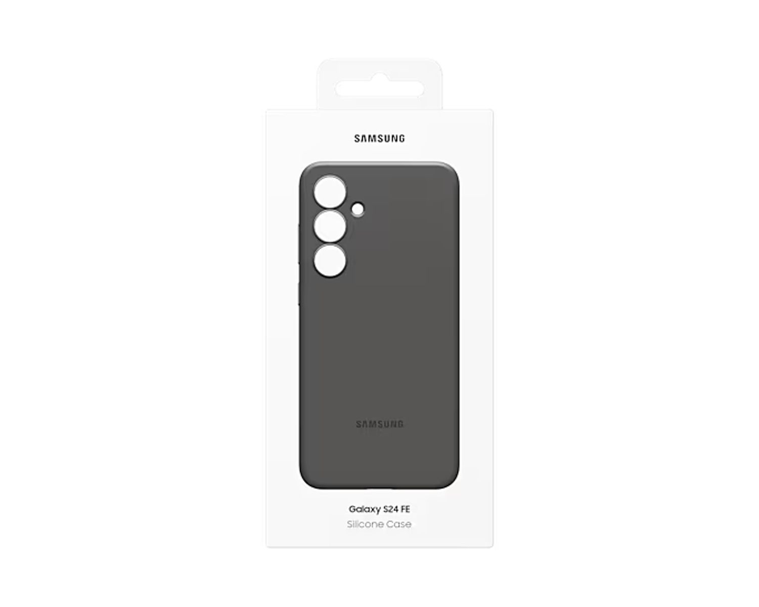 Szare silikonowe etui Samsung Galaxy S24 FE w białym pudełku. Etui ma 3 otwory na aparat.
