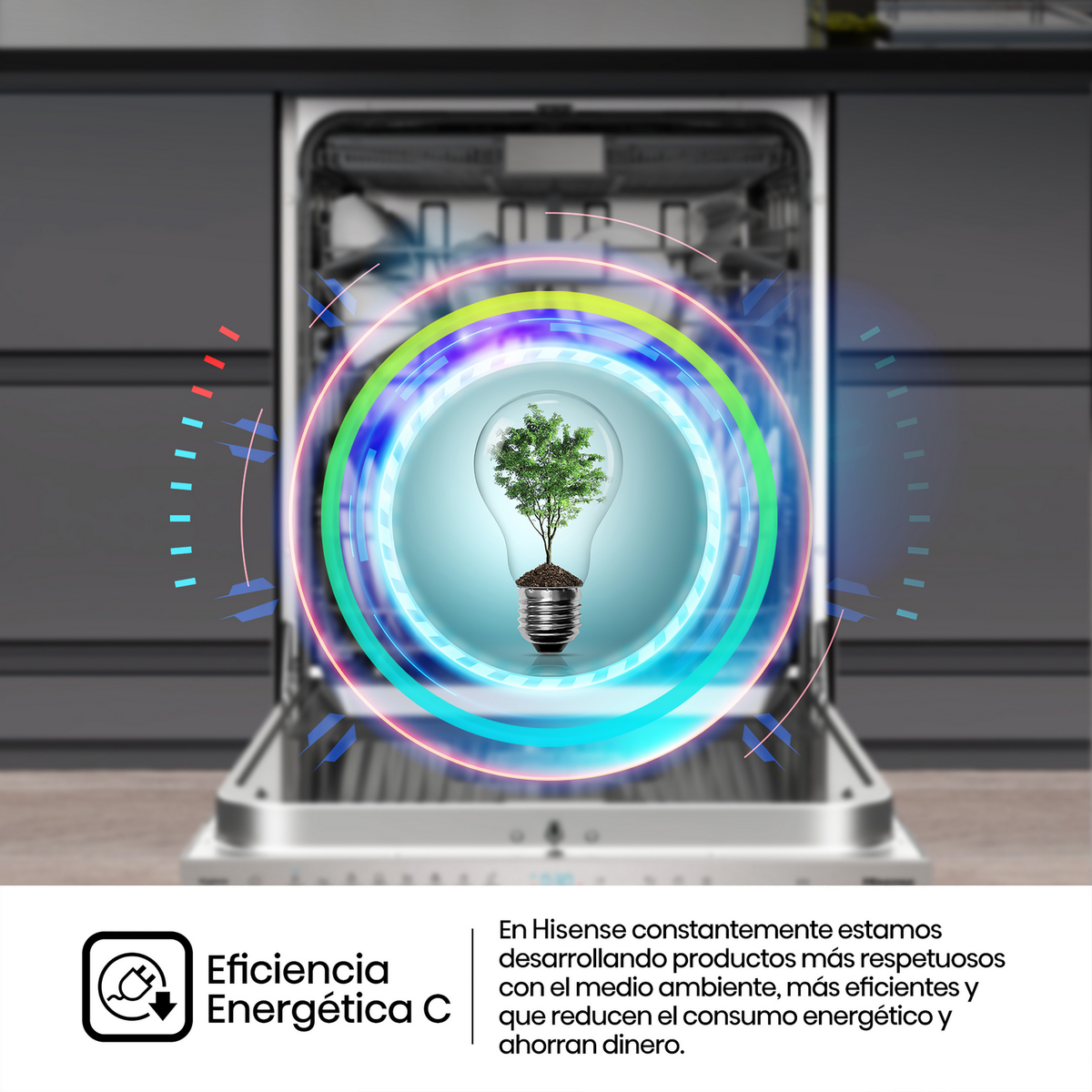 Lavastoviglie con una lampadina. La lampadina ha un albero all'interno. Testo sull'efficienza energetica.