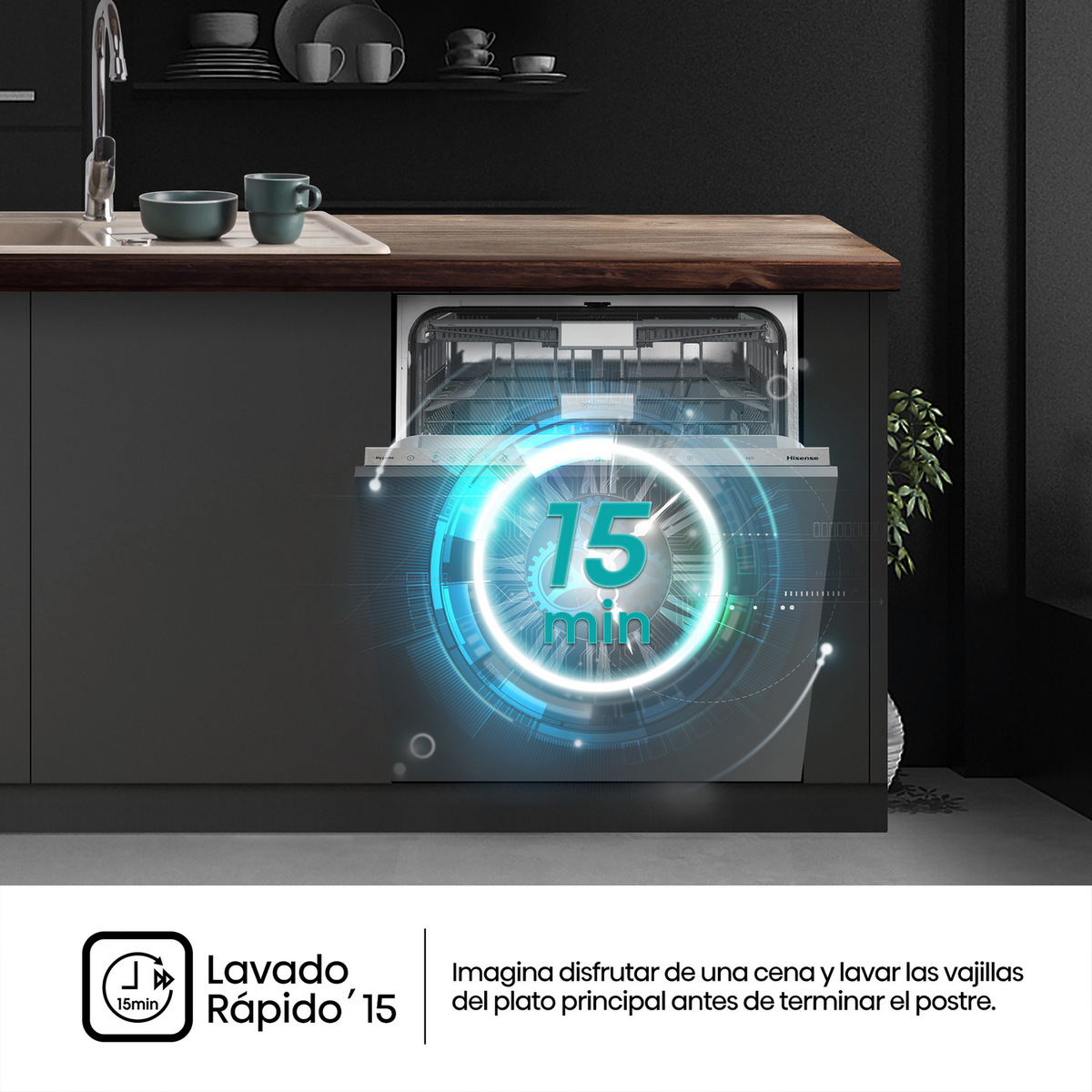 Lavastoviglie con display digitale che mostra 15 minuti. Testo spagnolo sul lavaggio rapido.