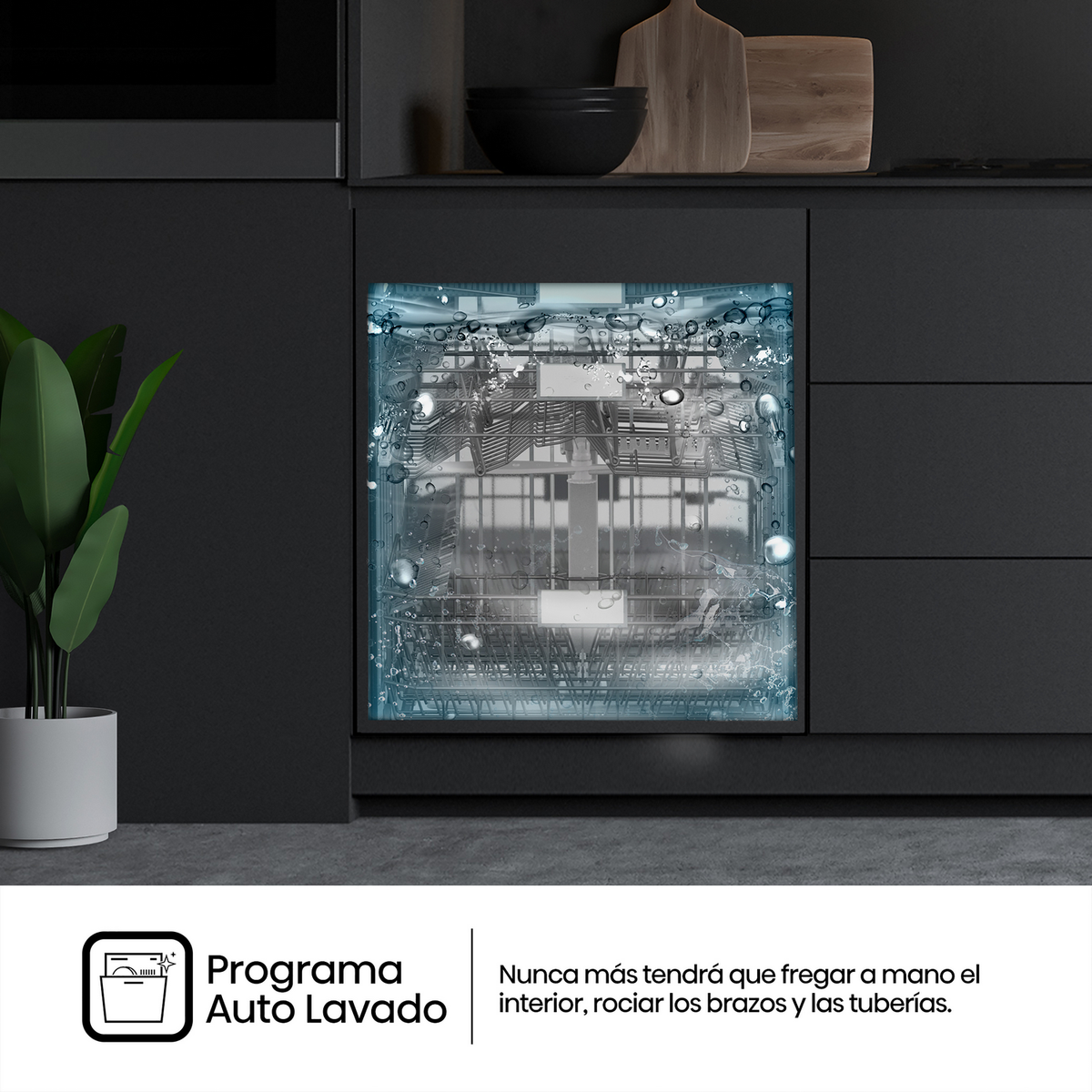 Una lavastoviglie con acqua all'interno. Un riquadro di testo dice 'Programma di lavaggio automatico' e un altro 'Non strofinare mai'.