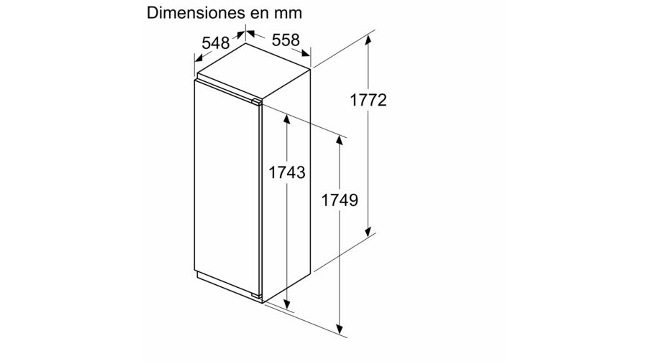 Un diagramma di un frigorifero con dimensioni in mm.