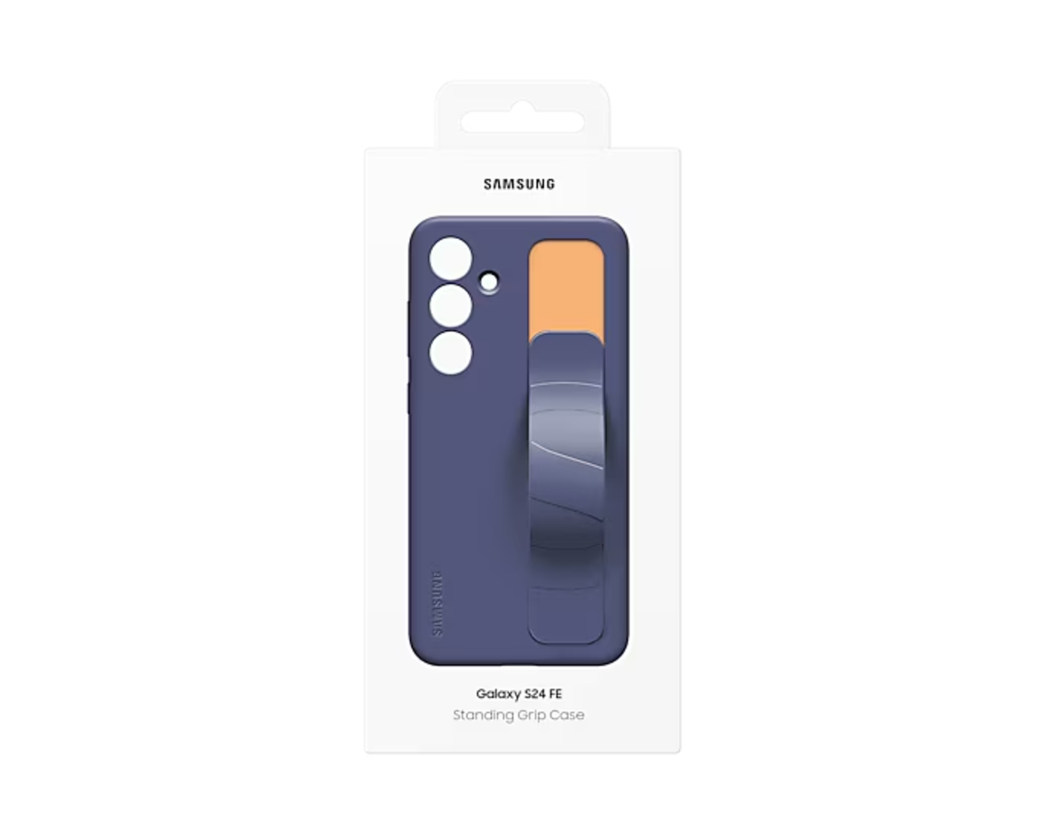 Etui na telefon Samsung Galaxy S24 FE w pudełku. Etui jest fioletowe, ma uchwyt i pomarańczowe akcenty.