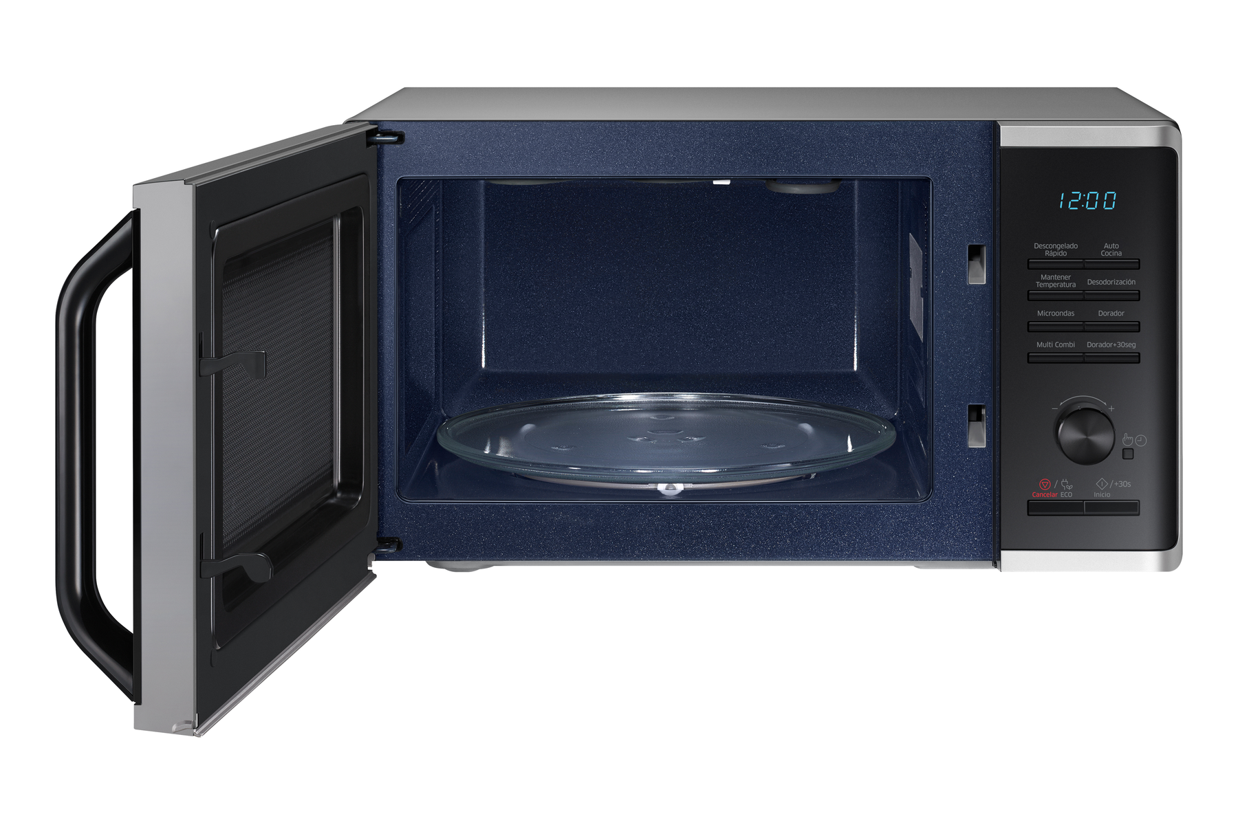 Un forno a microonde con la porta aperta, che rivela un piatto di vetro, su sfondo bianco.