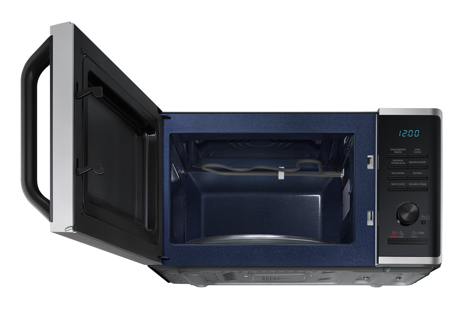 Forno a microonde con la porta aperta, che mostra l'interno.
