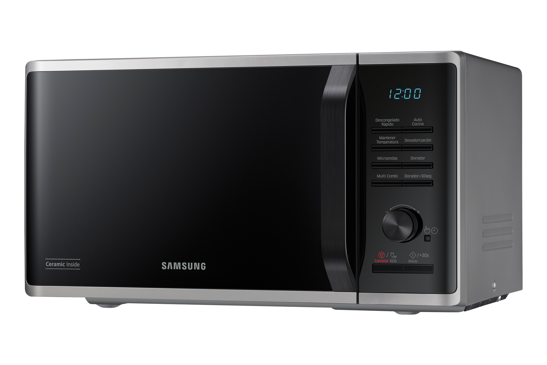 Microonde Samsung. Nero con finiture argentate. Ha un display digitale.