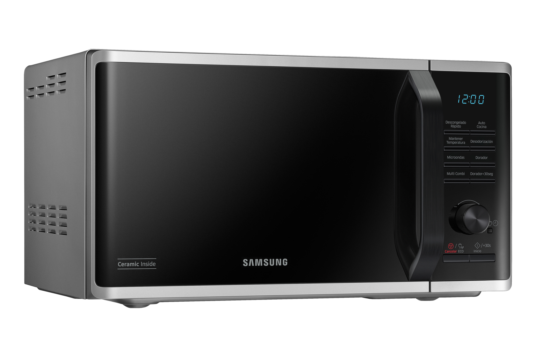 Un forno a microonde Samsung nero con dettagli argentati. Con pannello di controllo e display digitale.