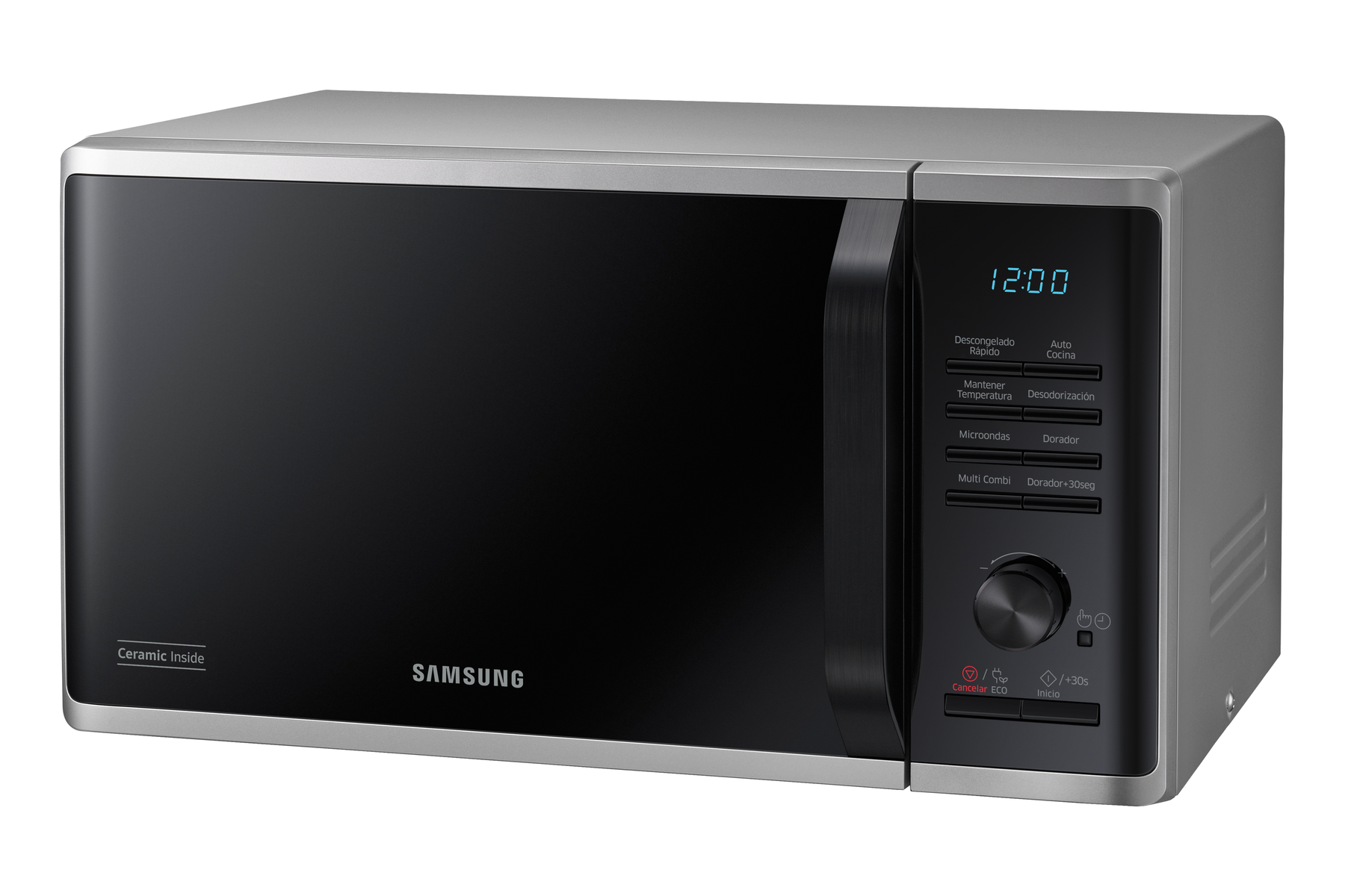 Forno a microonde Samsung nero e argento con display digitale.