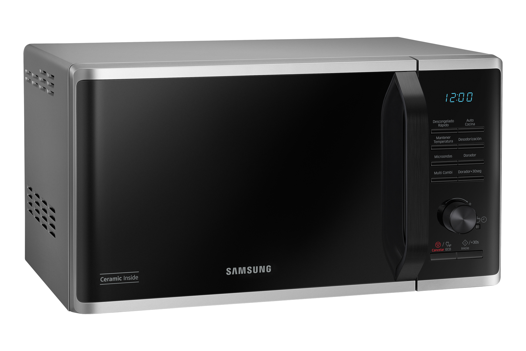 Microonde Samsung argento e nero. Porta e pannello di controllo neri. Sfondo bianco.