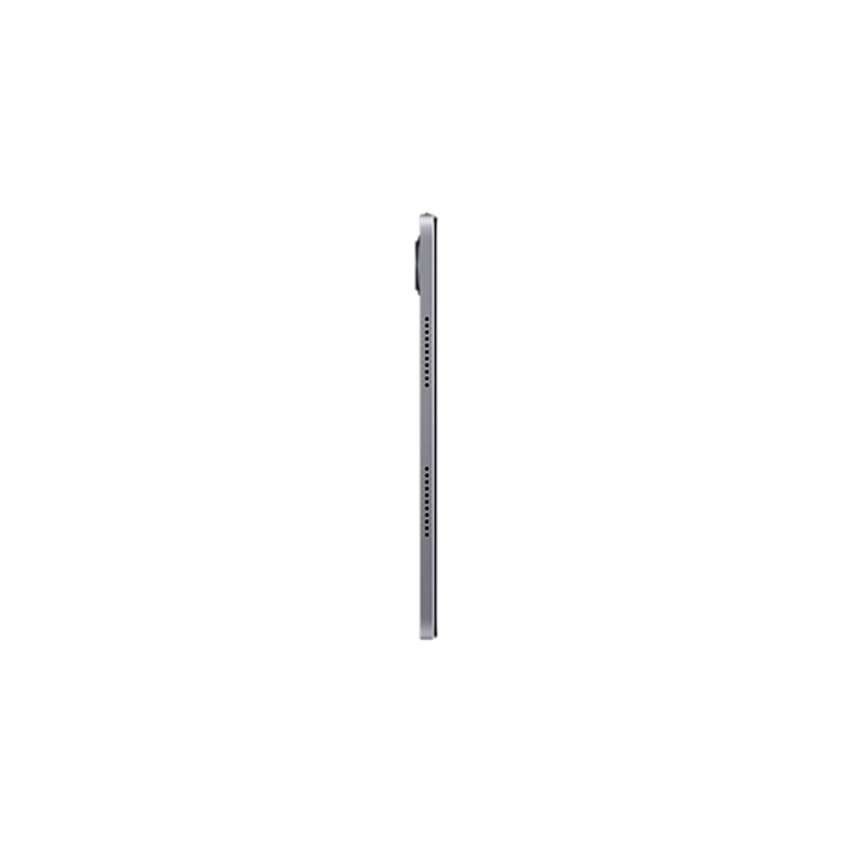 Zijaanzicht van een tablet. Hij is zilverkleurig met een zwart scherm en heeft een rij knoppen.