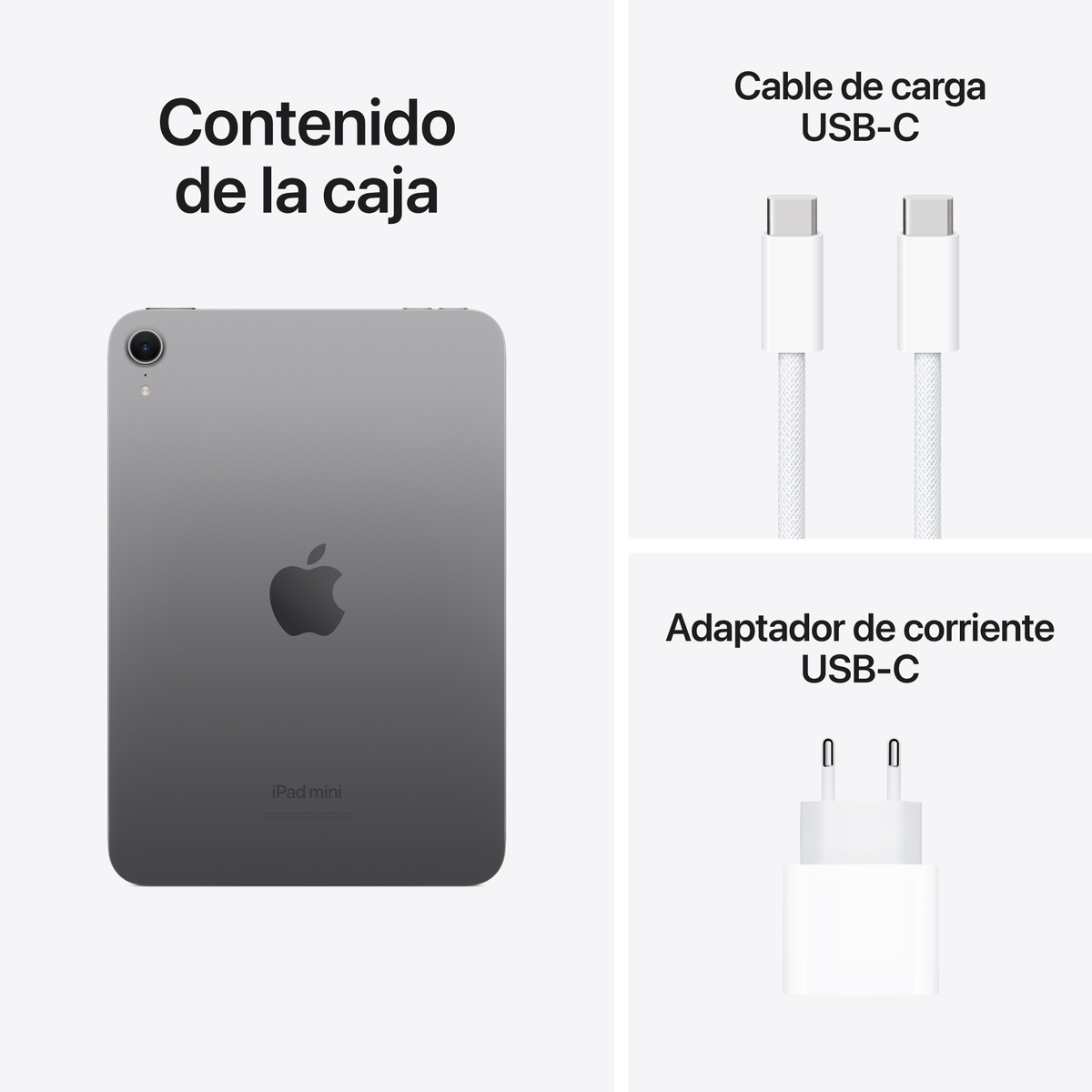 Un iPad Mini, un cavo di ricarica USB-C e un adattatore di alimentazione USB-C, il tutto su sfondo bianco.