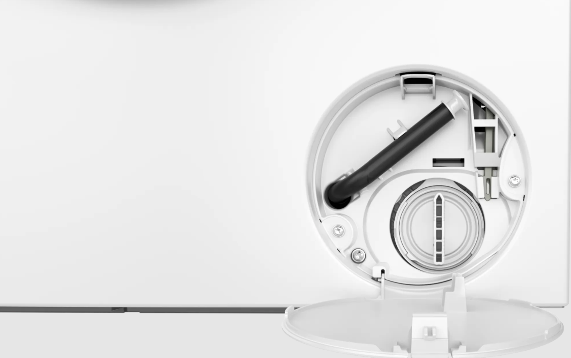 Zbliżenie wnętrza białej spłuczki. Widoczne są elementy składowe.