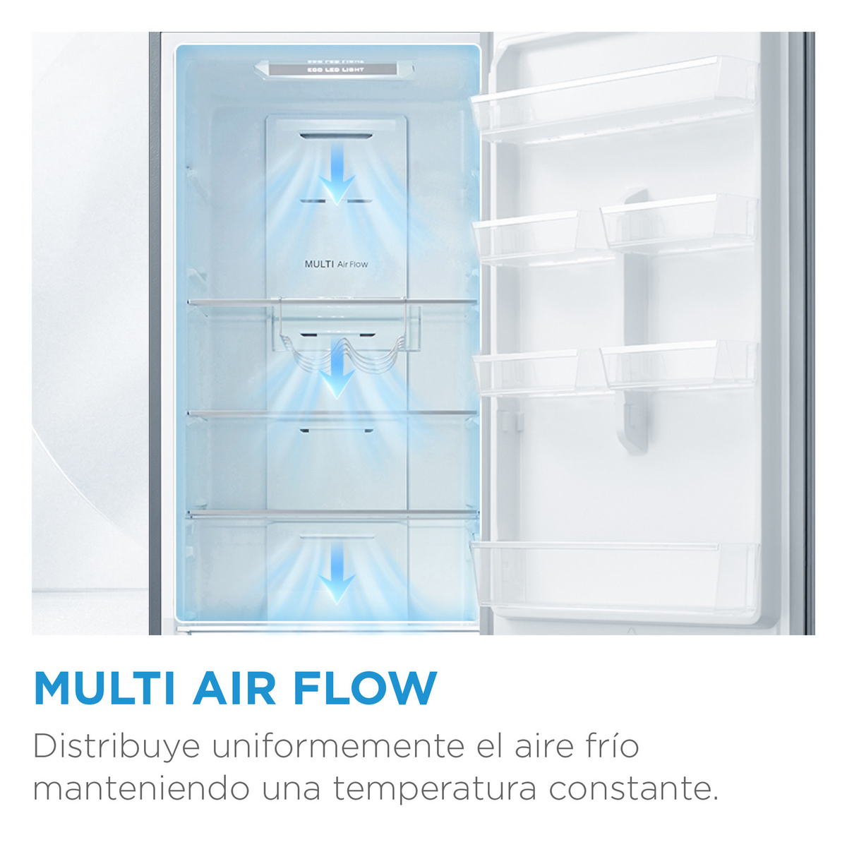 Open interieur van de koelkast. Multi Air Flow met blauwe pijlen wordt getoond. Planken en LED-licht zijn zichtbaar.