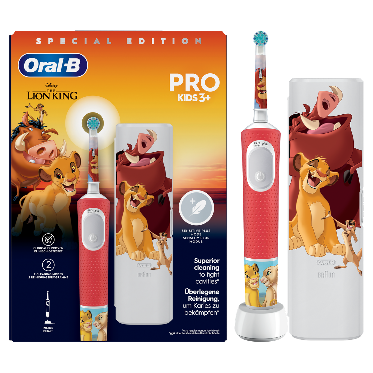 Spazzolino elettrico Oral-B a tema Re Leone e confezione. Rosso e bianco.