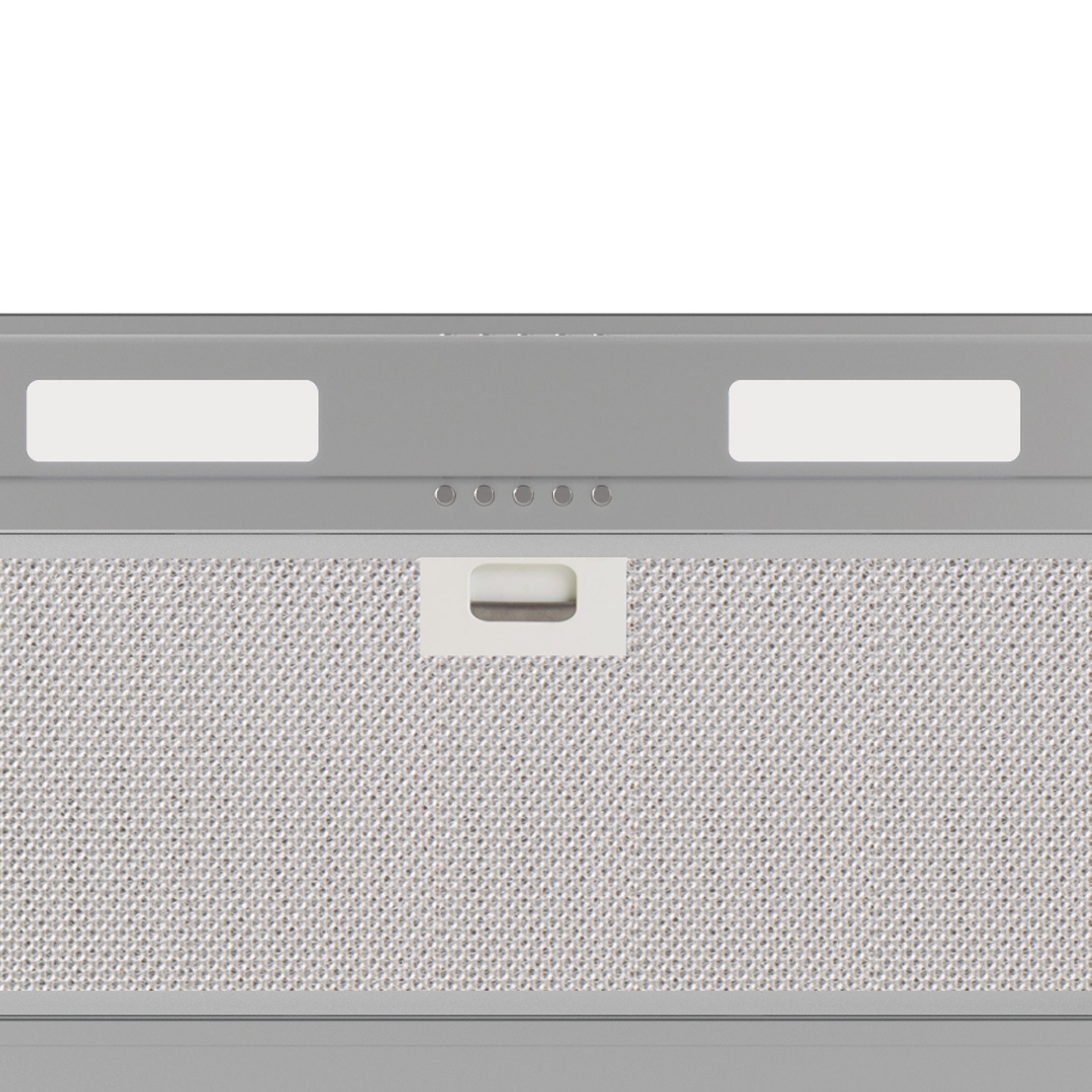 Campana extractora de cocina, primer plano. Gris con filtro de malla, un asa y dos luces rectangulares.