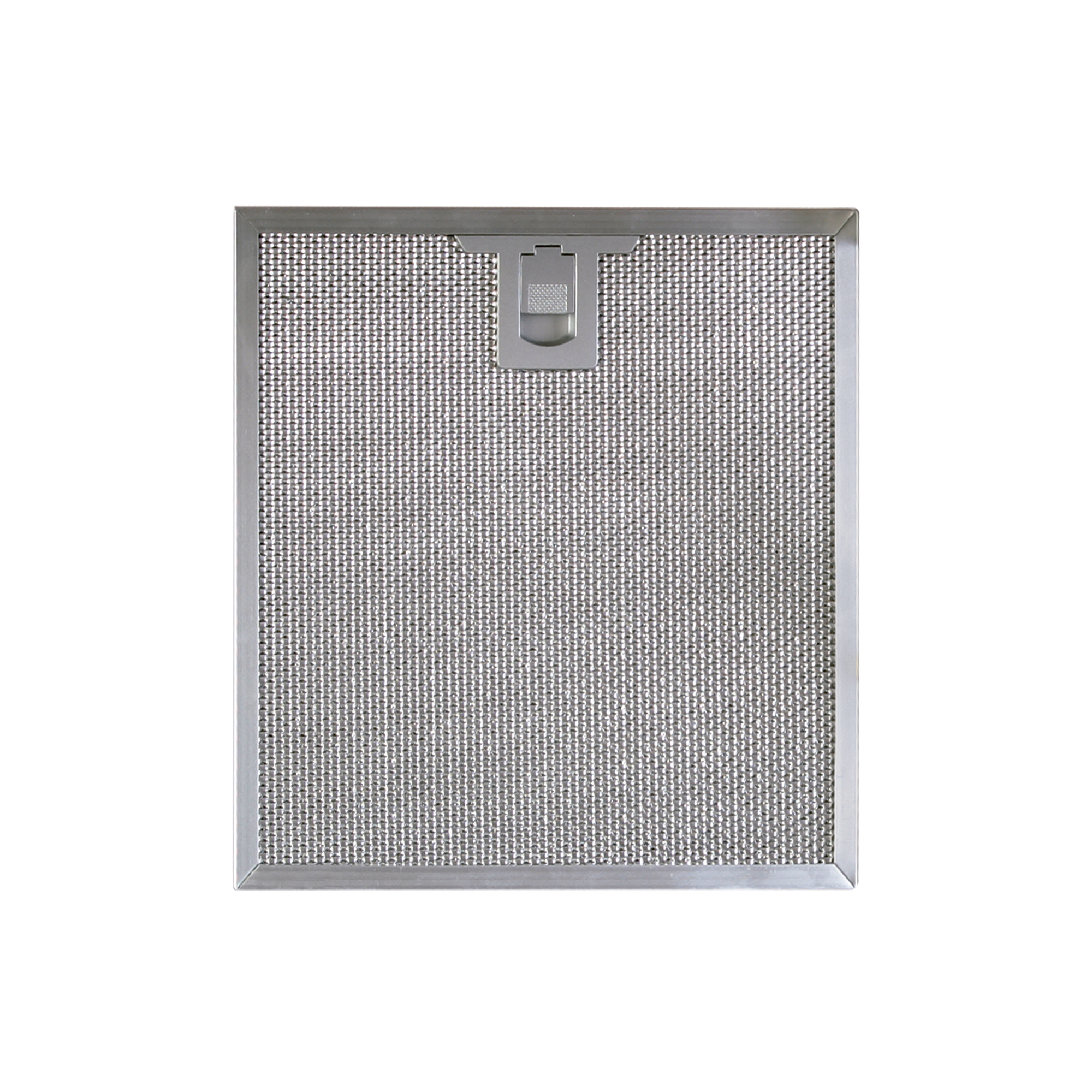 Filtro metálico rectangular de campana con asa, aislado sobre fondo blanco.