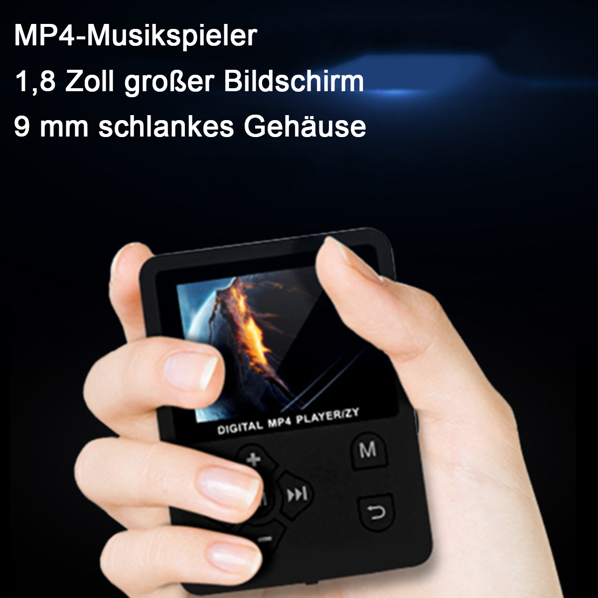 Ein schwarzer MP4-Player in einer Hand gehalten. Er verfügt über einen Bildschirm und Steuertasten.