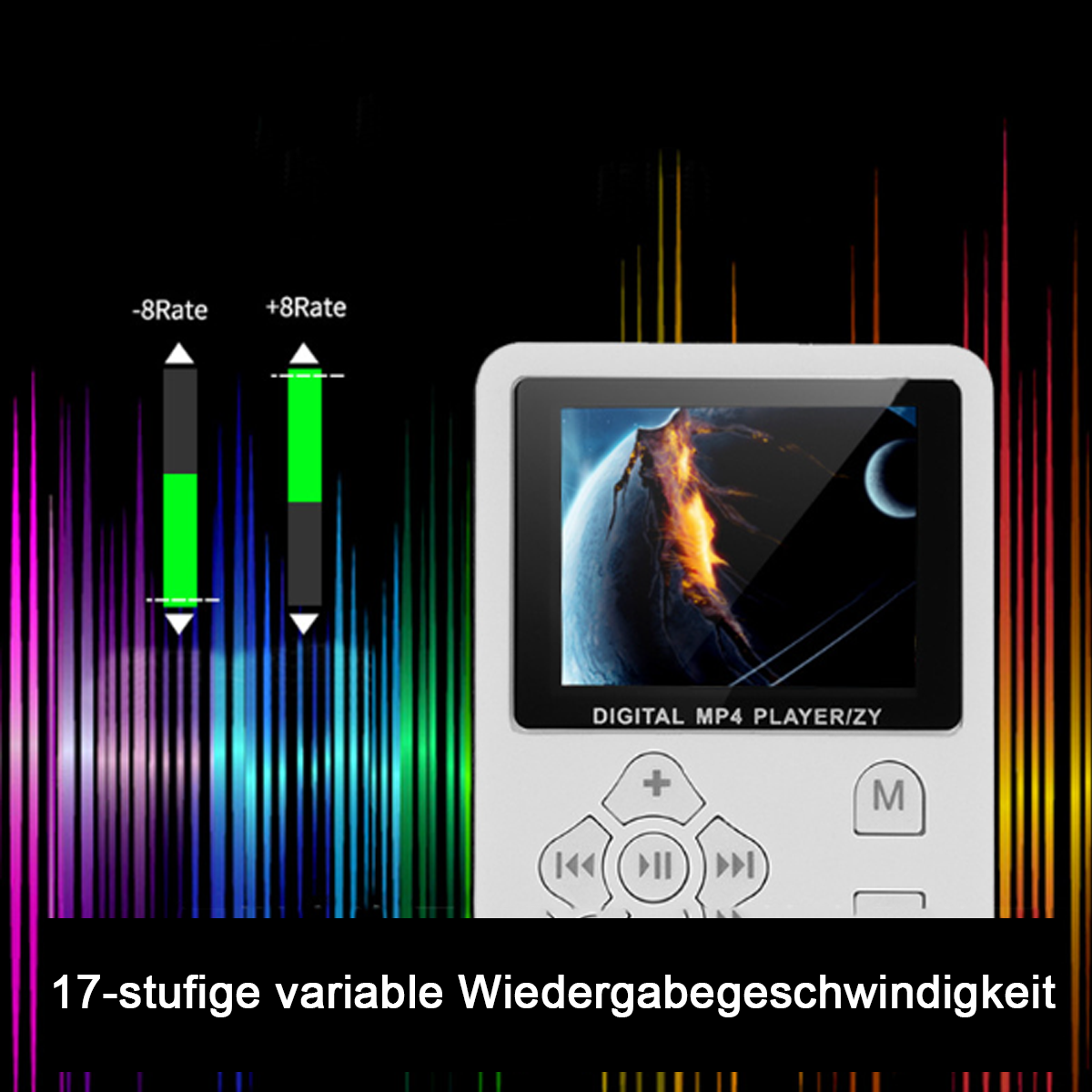 Ein digitaler MP4-Player mit einem Bildschirm, der einen Mond anzeigt. Auf der linken Seite befinden sich Lautstärkeanzeigen.
