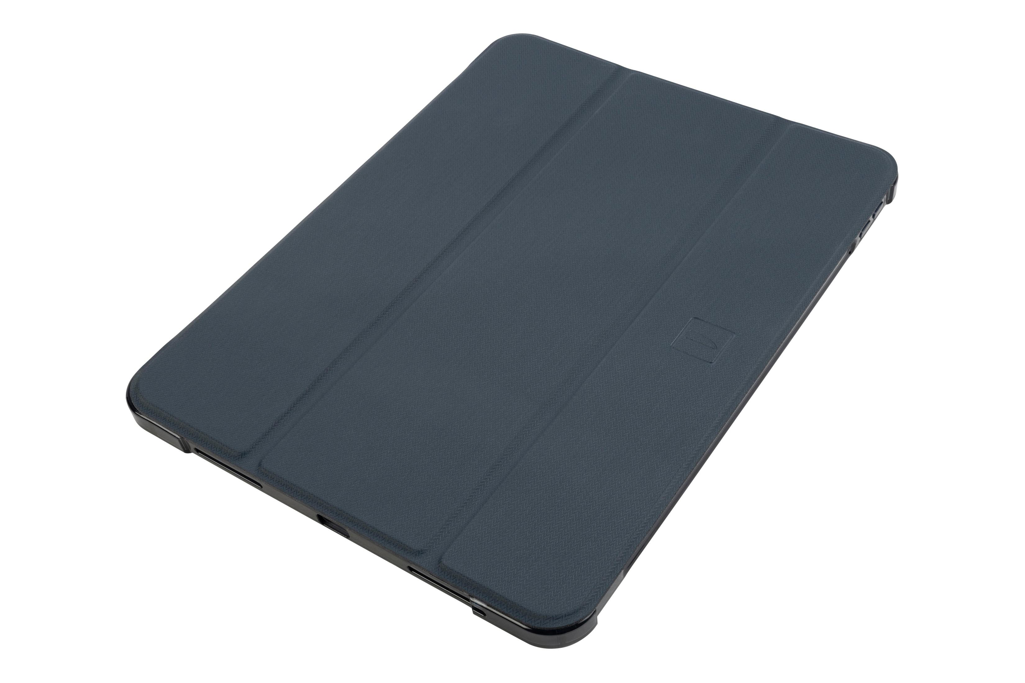 Una funda azul para tableta con un diseño sencillo. Está cerrada y tiene un pequeño logotipo a la derecha.