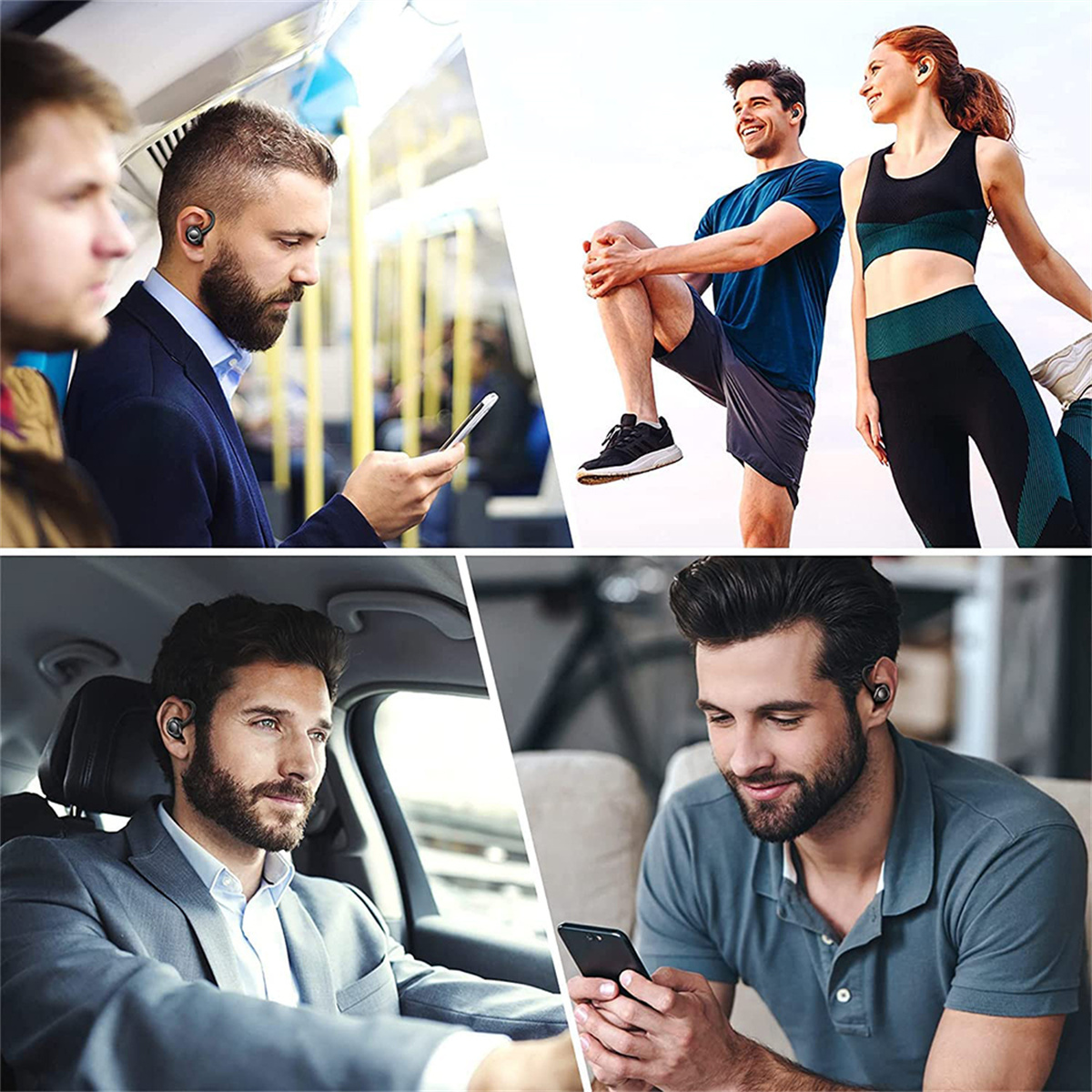 Vier Bilder zeigen Personen, die Ohrhörer in verschiedenen Umgebungen verwenden: Zug, Sport, Auto, Büro.