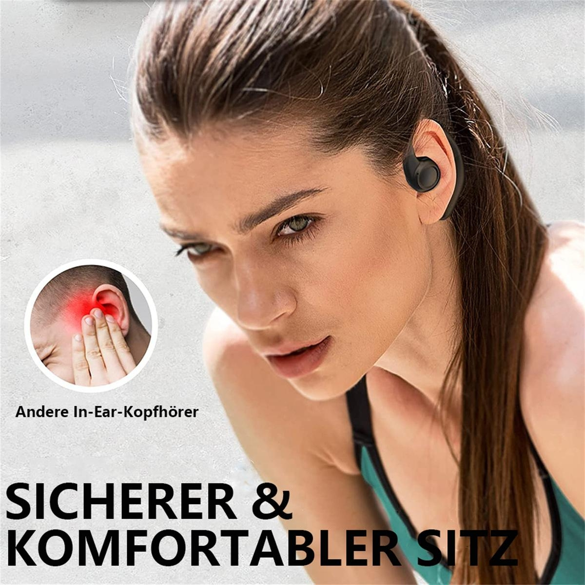 Frau mit schwarzem Ohrhörer, mit kleinem Bild eines Ohres mit Schmerzen. Text unten.