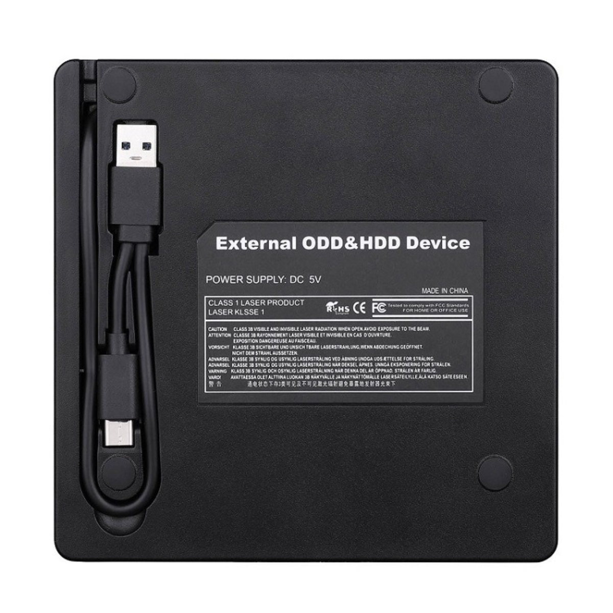 Schwarzes externes Festplattengerät mit USB-Kabel und Warnhinweisen.
