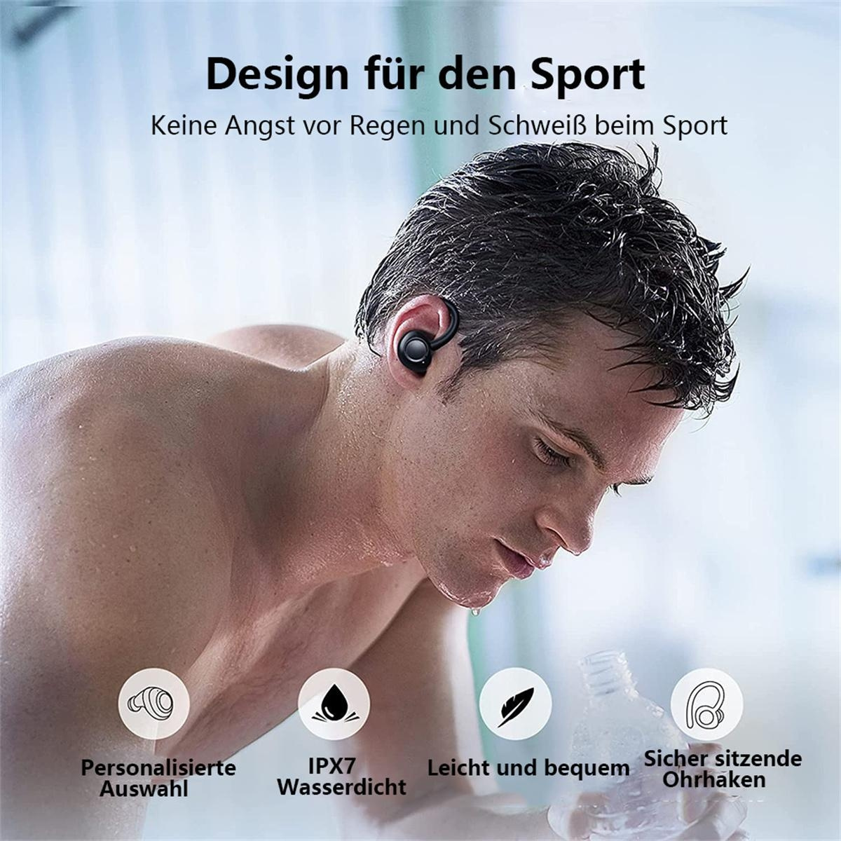Mann mit schwarzen kabellosen Ohrhörern. Text: 'Design für den Sport', 'Keine Angst vor Regen und Schweiß'. Verschiedene Icons.