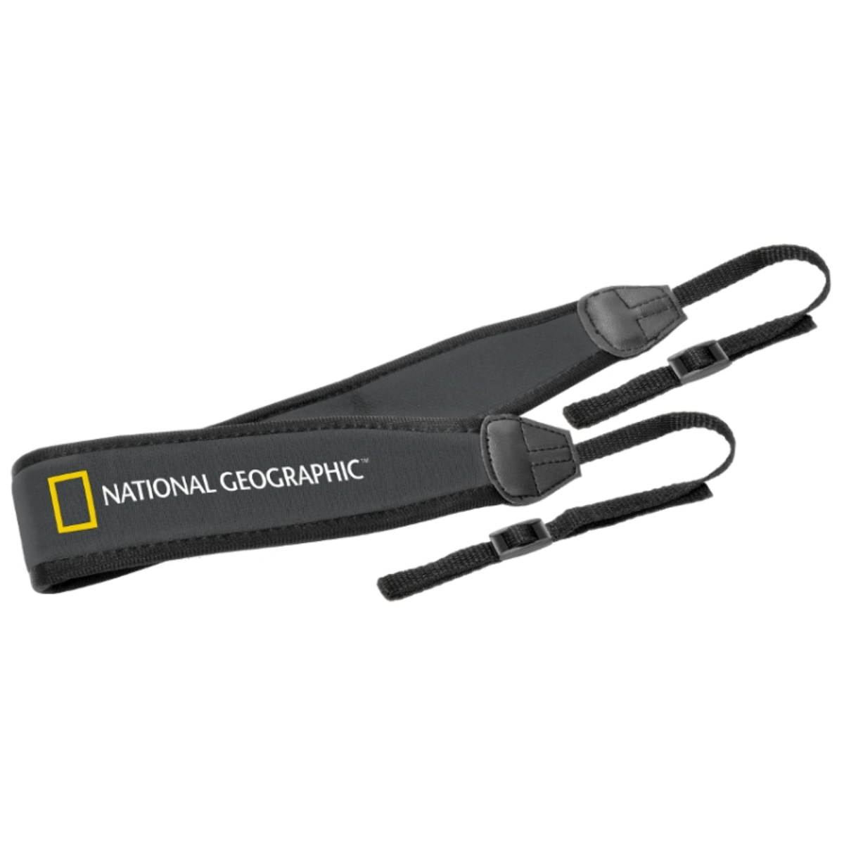 Correa de cámara National Geographic, negro con logo amarillo. Fondo blanco.