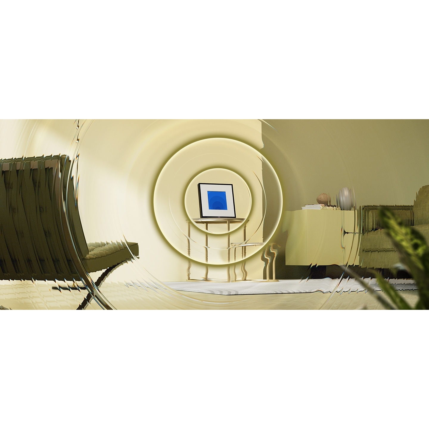 Projekt wnętrza z laptopem na stole, otoczonym okrągłymi efektami świetlnymi.