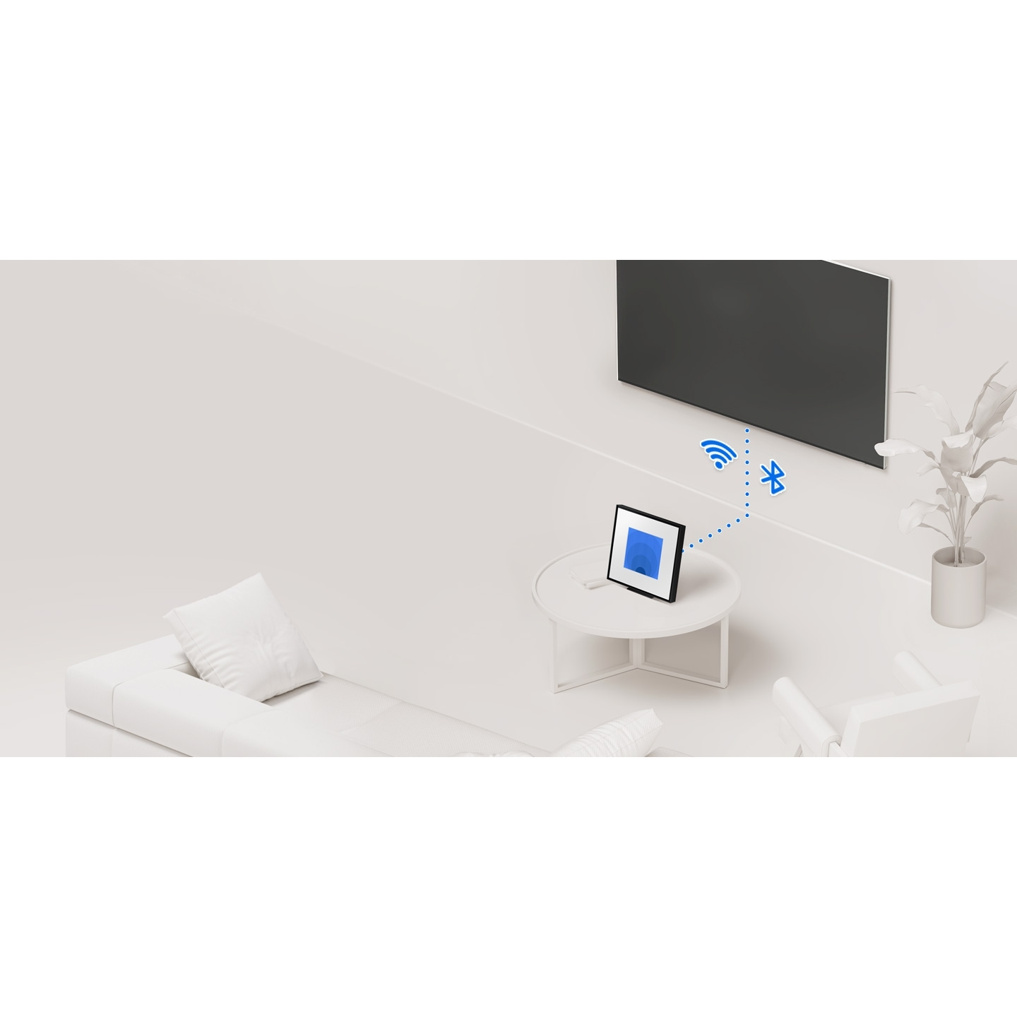 Biały salon z telewizorem i małym niebieskim kwadratowym urządzeniem na stole.