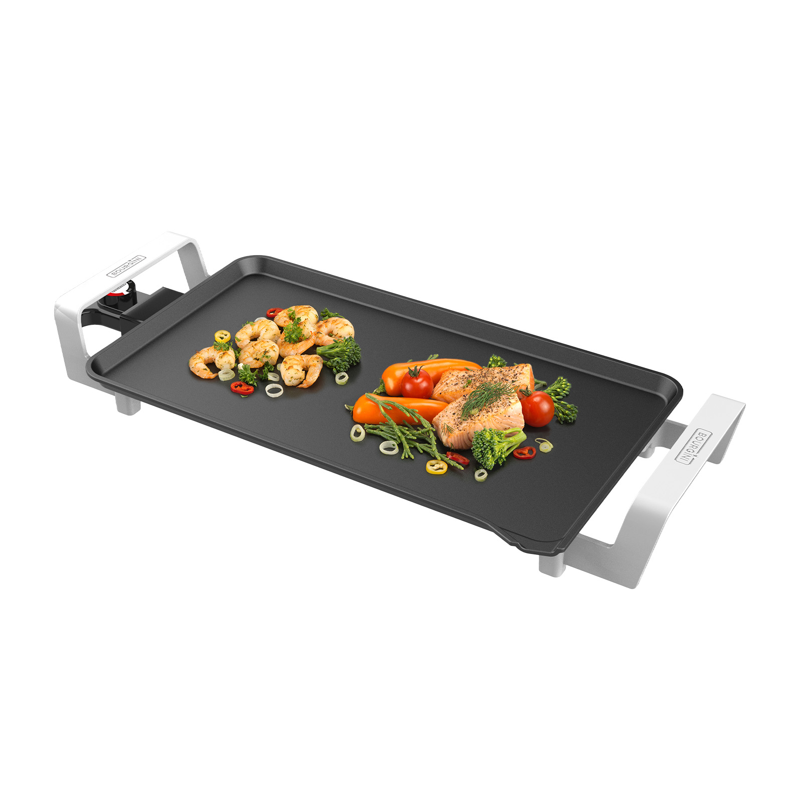 Black griddle with cooked food on it. Contains shrimp, vegetables, and salmon. White handles.
