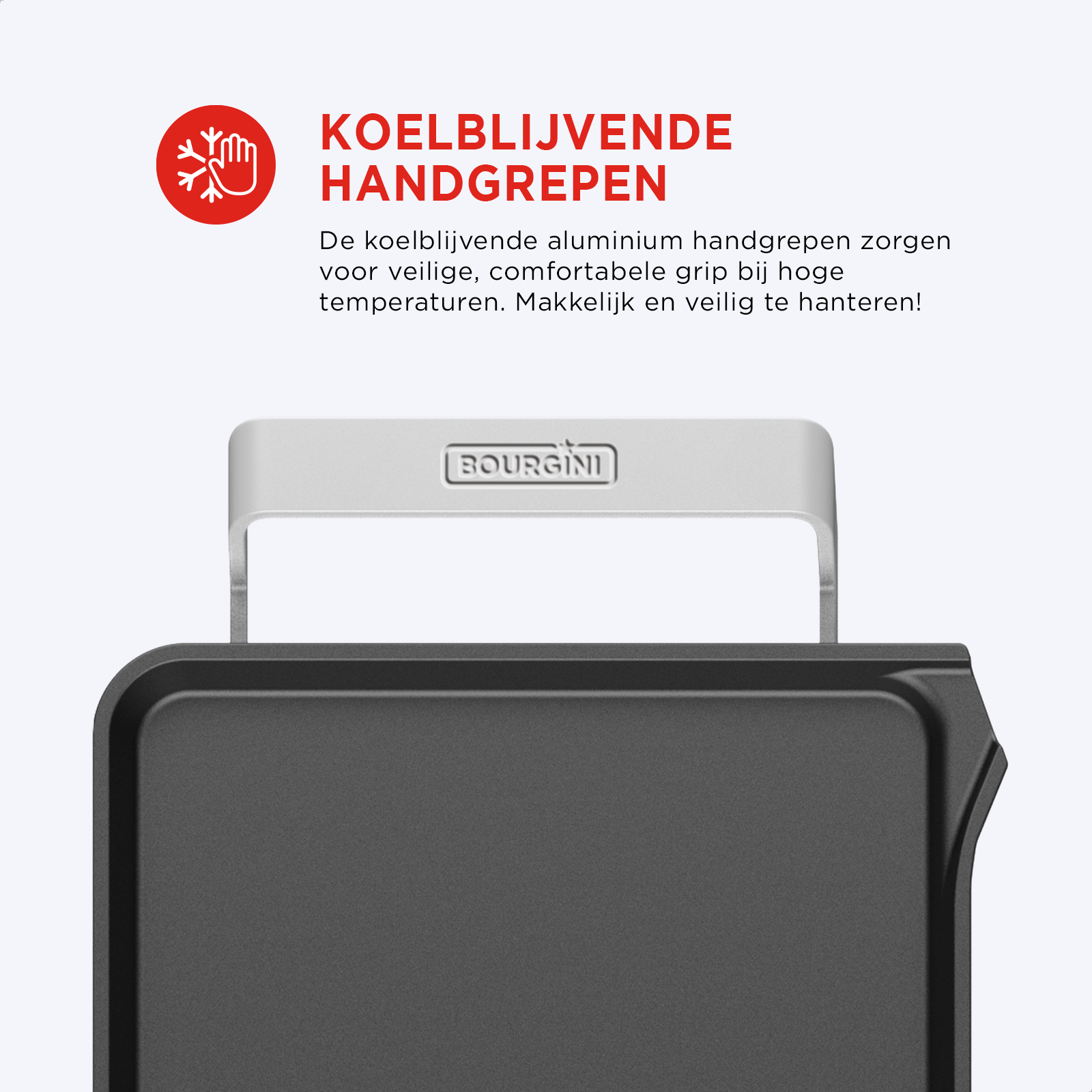 Black and grey cooking appliance with text in dutch. A red logo with snowflakes.