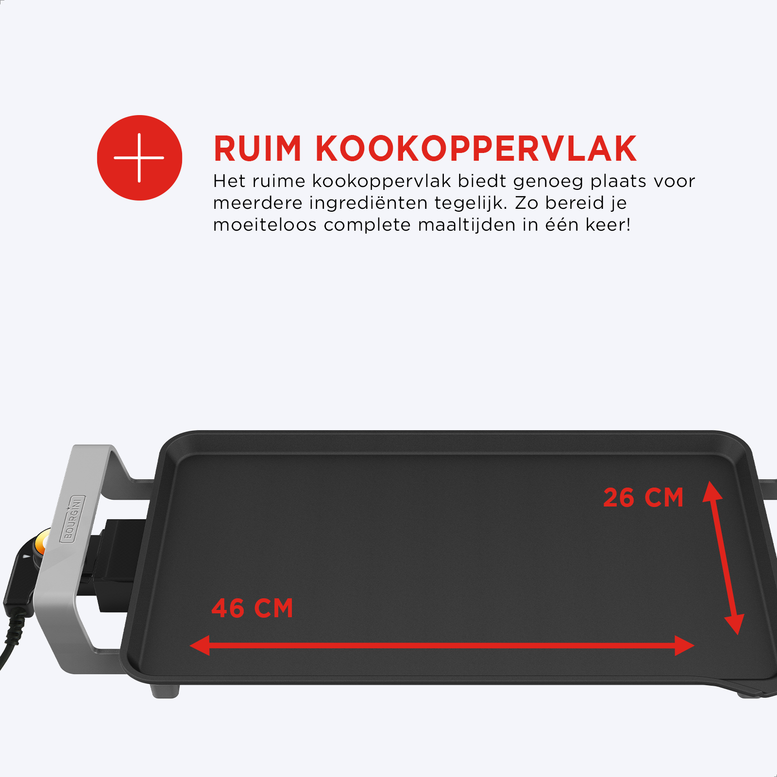 A griddle with dimensions labeled, a plus sign, and text. The text says 'RUIM KOOKOPPERVLAK'.