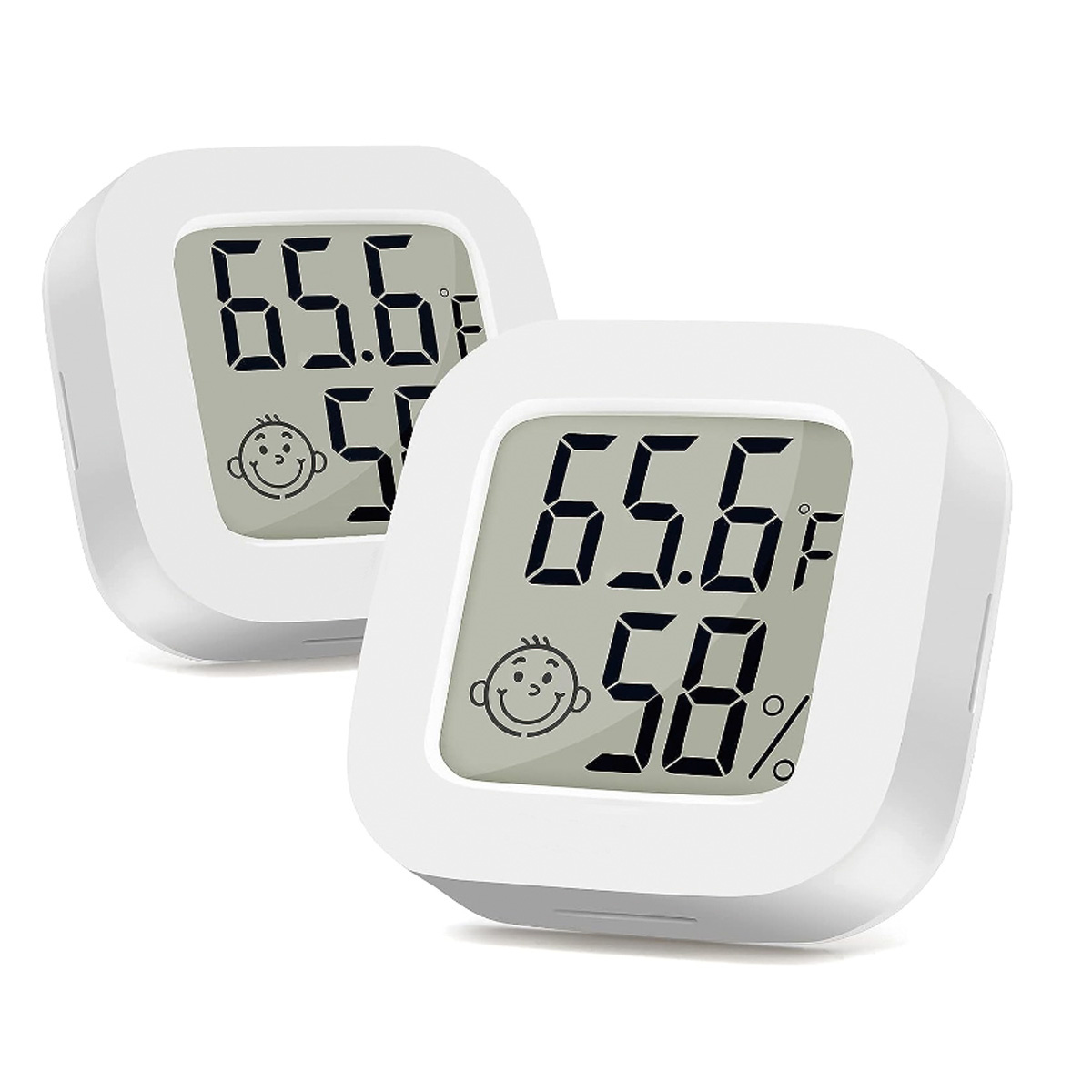 Zwei weiße digitale Thermometer mit Temperatur und Luftfeuchtigkeit, mit Smiley-Gesicht.
