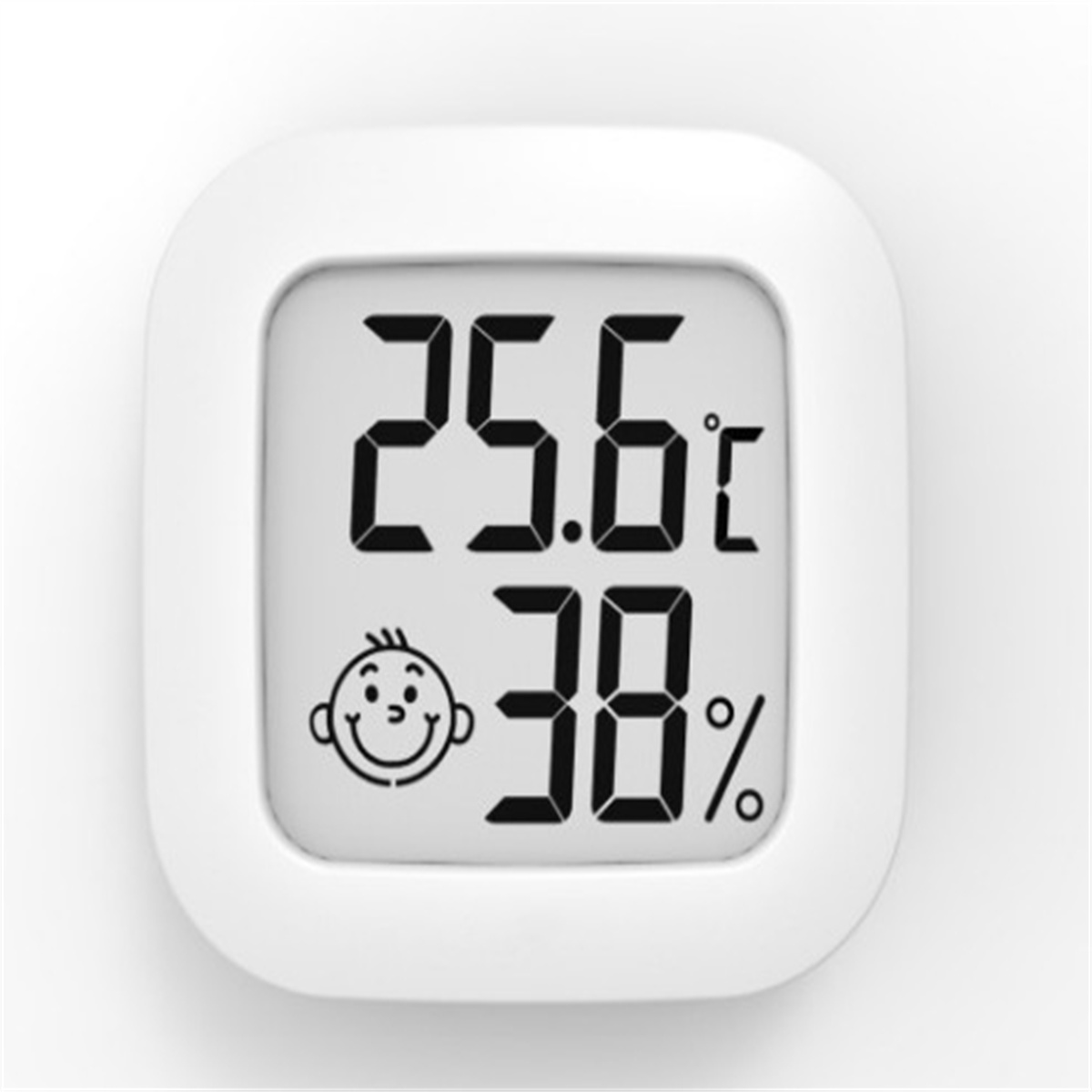 Weißes digitales Thermometer zeigt 25,6 °C und 38 % Luftfeuchtigkeit mit Smiley-Symbol.