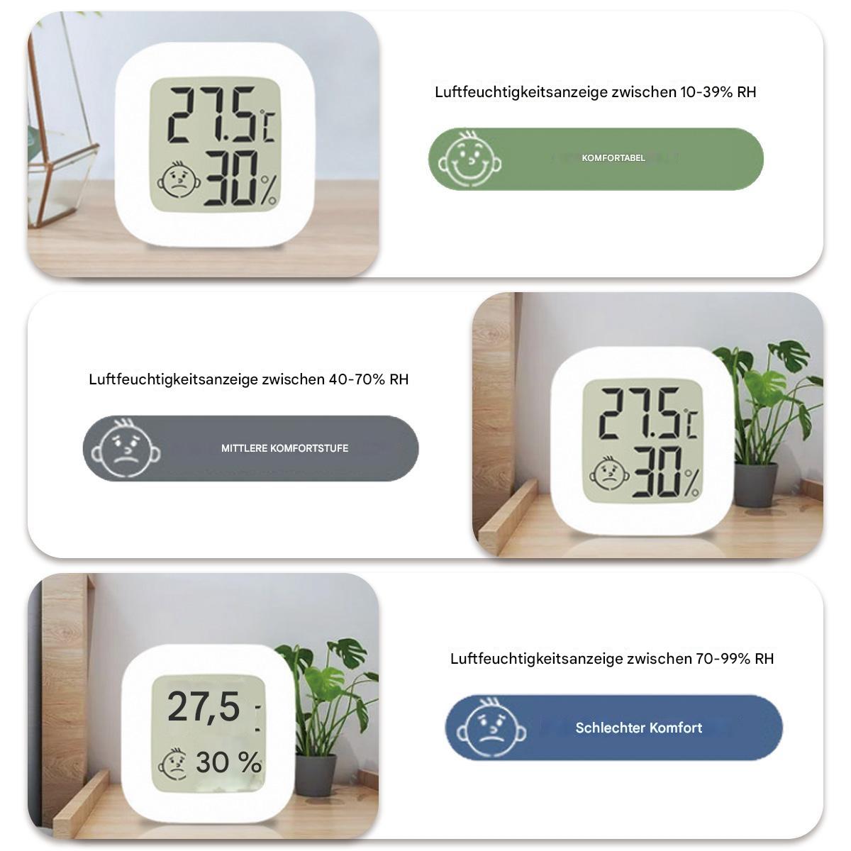 Ein weißes digitales Thermometer, das Temperatur und Luftfeuchtigkeit anzeigt. Es gibt drei Bilder mit Gesichtern.