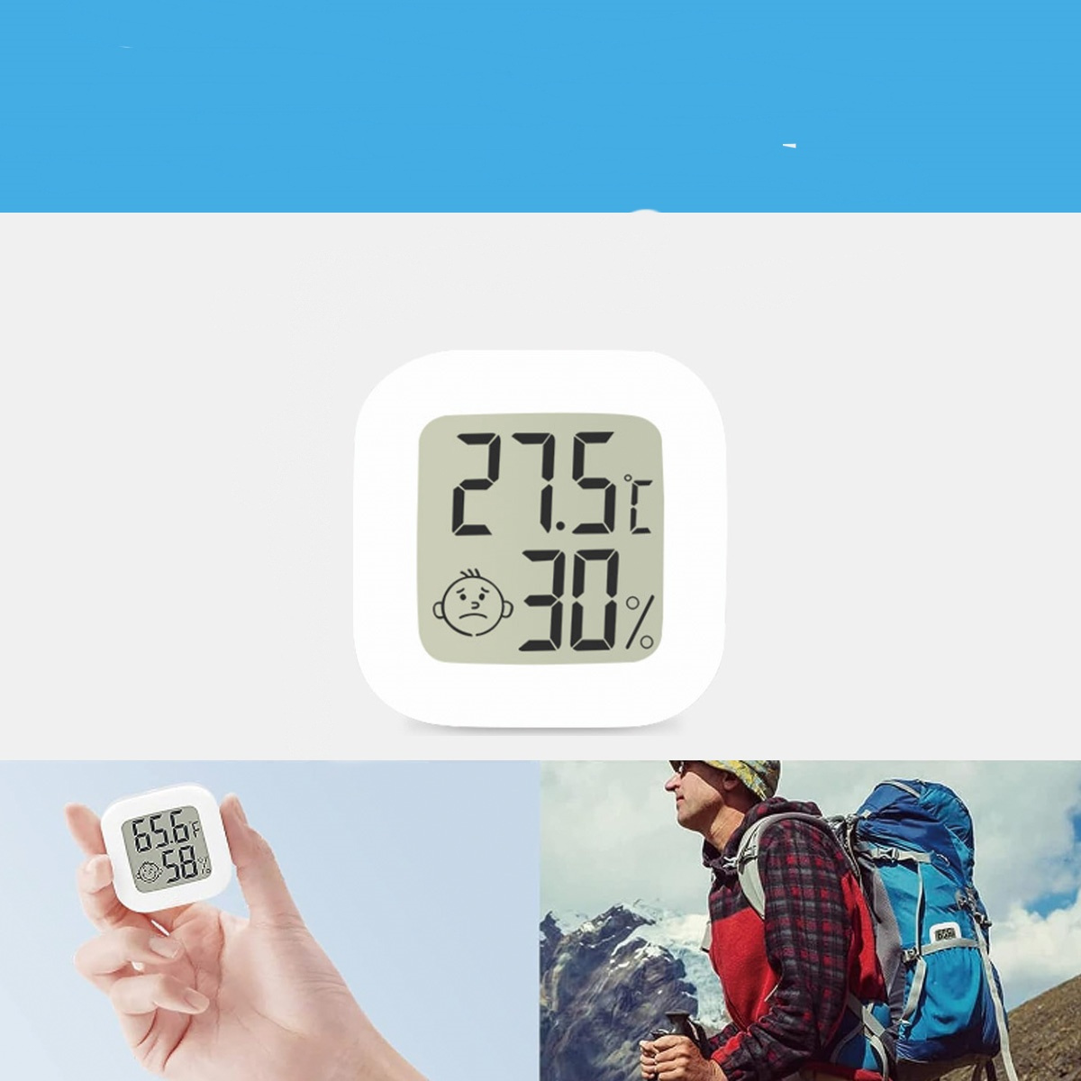 Digitales Gerät zeigt 27,5 °C und 30%. Eine Person ist traurig. Blauer Himmel im Hintergrund.