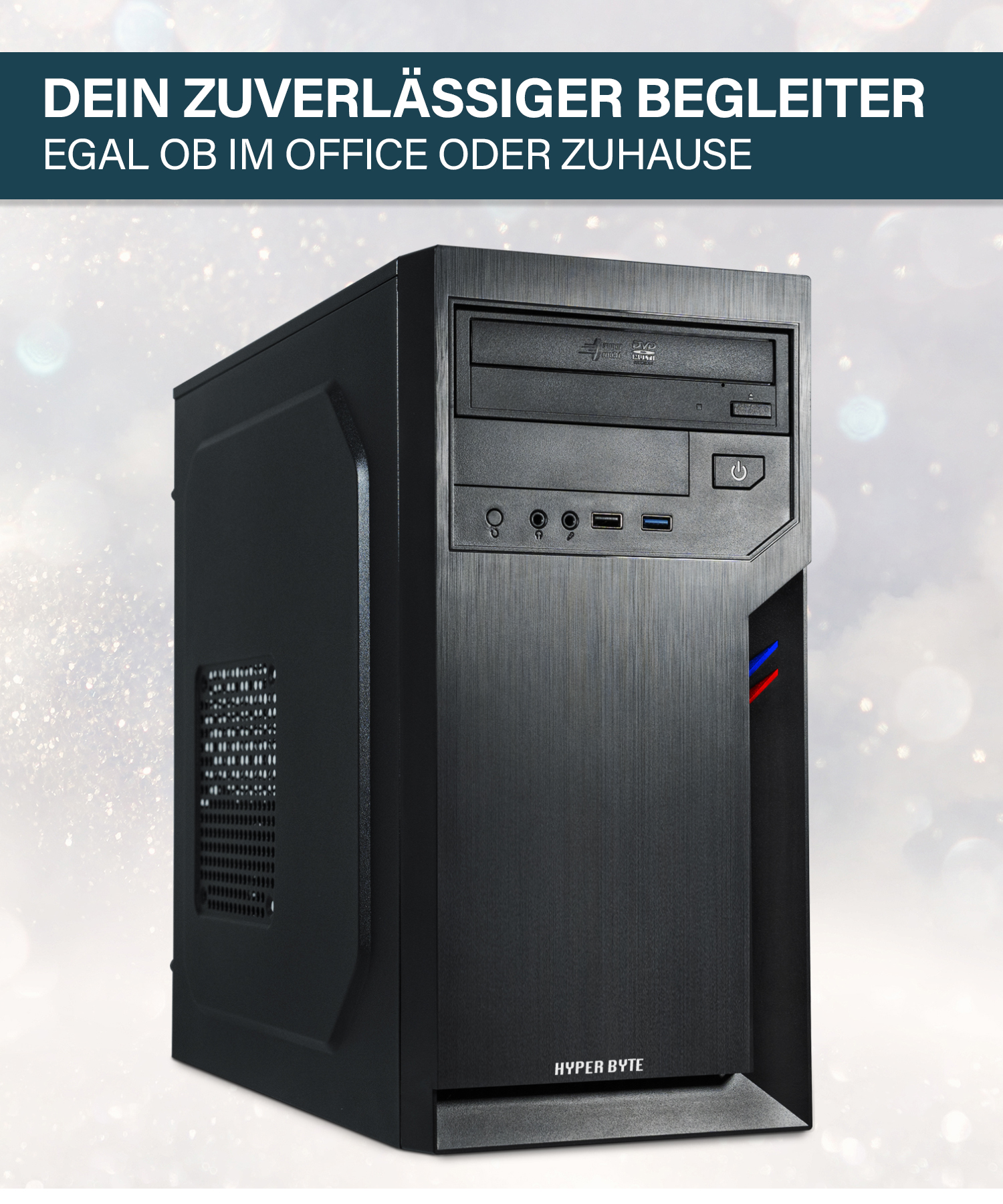 Czarna obudowa komputera z napędem DVD. Tekst brzmi 'DEIN ZUVERLÄSSIGER BEGLEITER'.