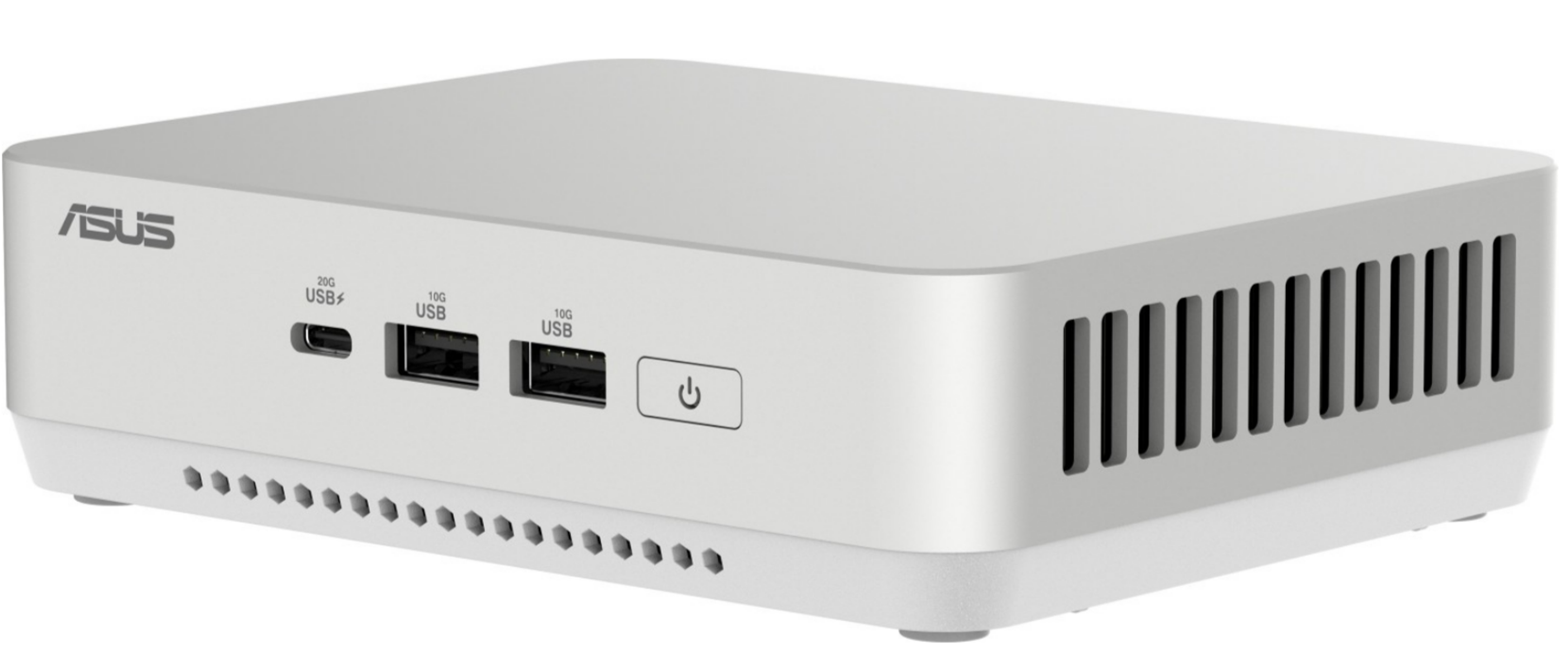 Biały mini PC ASUS z portami USB i przyciskiem zasilania. Urządzenie ma otwory wentylacyjne i logo ASUS.